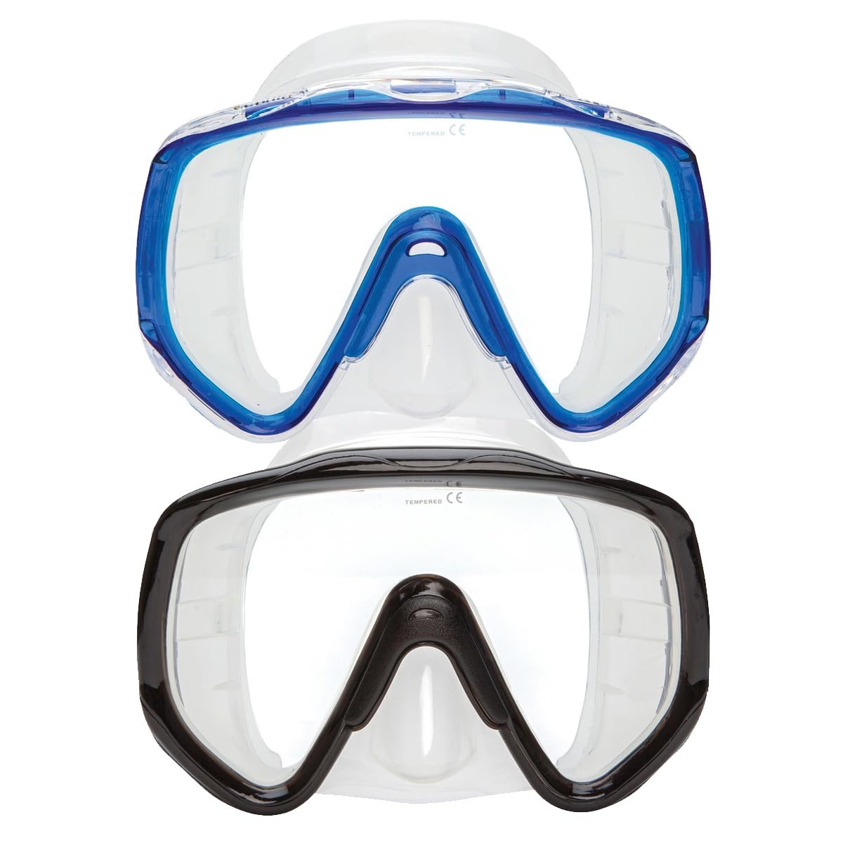 XS Scuba Cortez Dive Mask in black with a wide tempered glass lens and adjustable strap for comfortable underwater snorkeling.