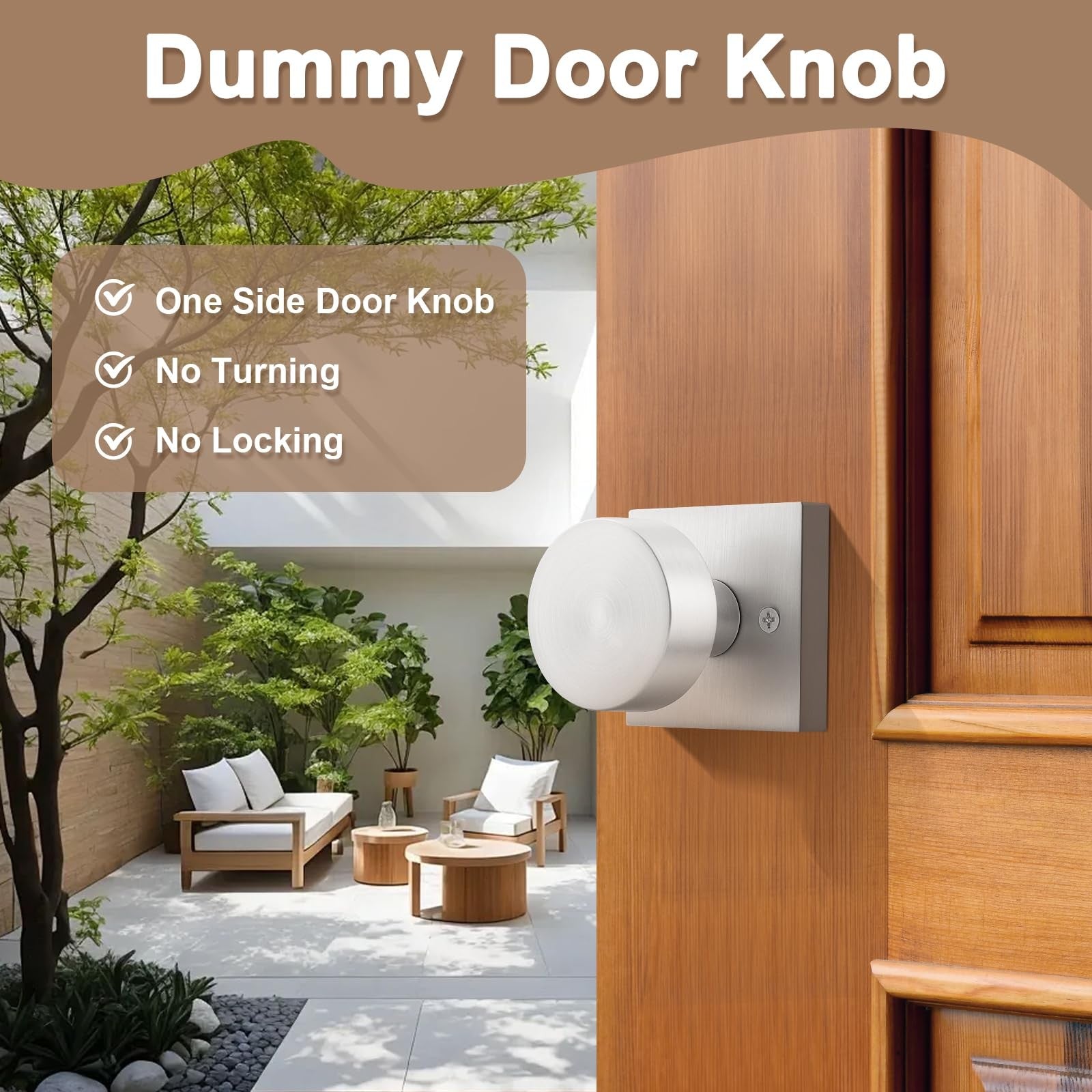 Probrico brushed nickel dummy door knobs set with two square interior door knobs on a door, showing sleek modern design.