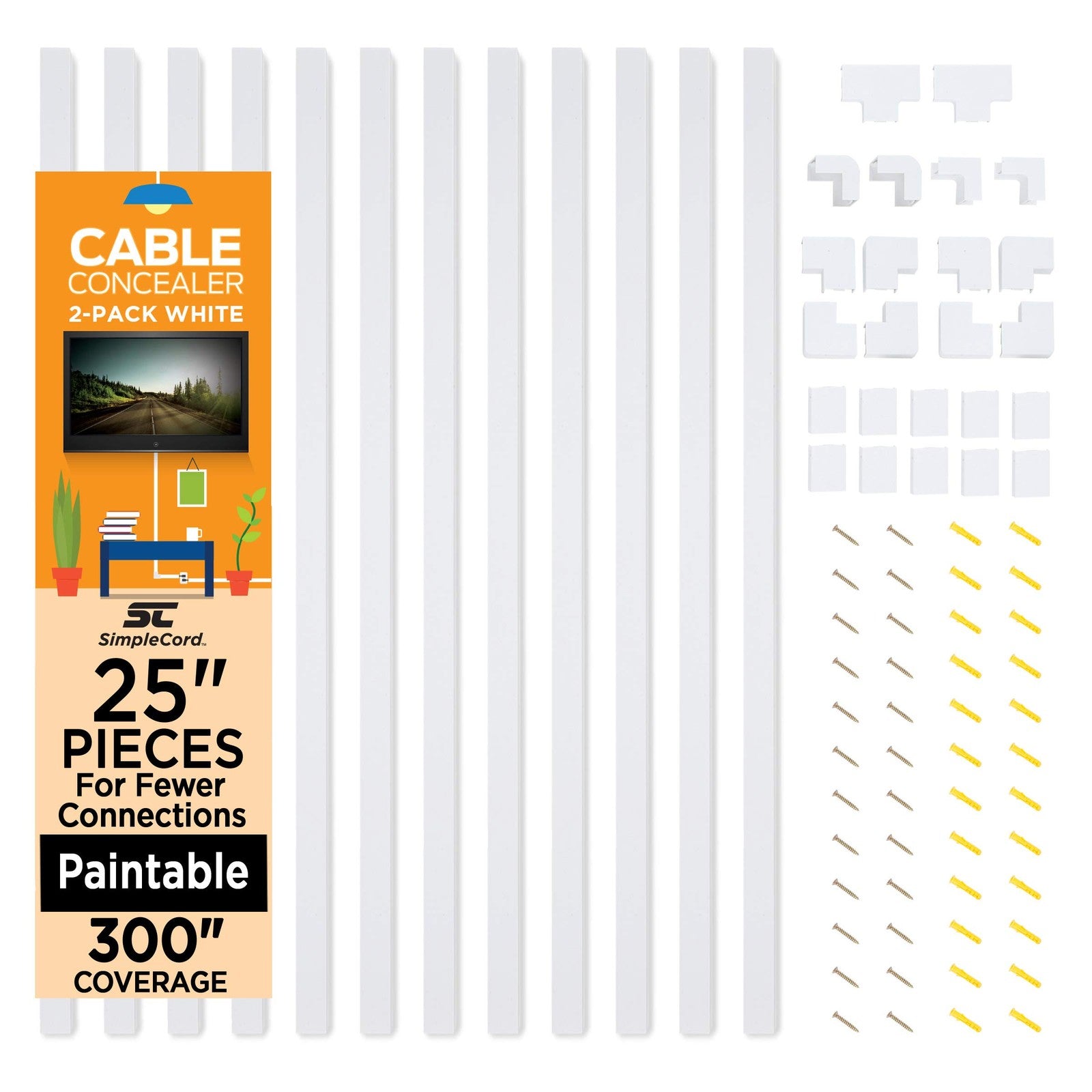 SimpleCord 25-inch cable covers in a set of twelve, designed for on-wall cable management and organized wiring solutions.