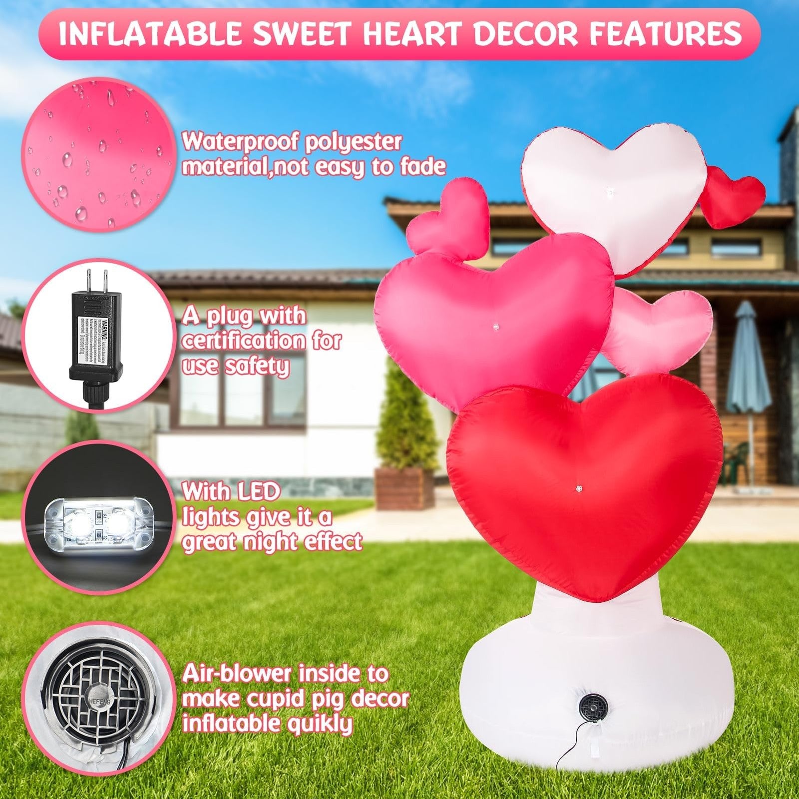 Wabolay 6FT giant inflatable Valentine love heart outdoor decoration, featuring a colorful inflatable love heart for outdoor displays