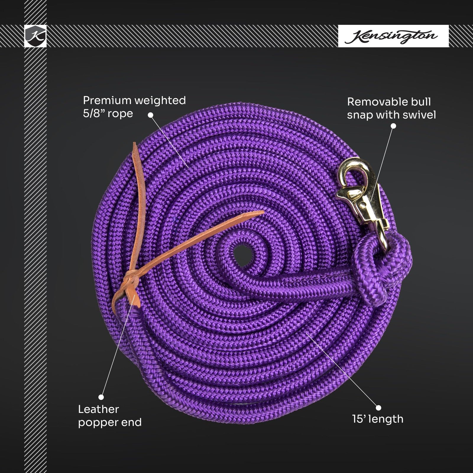 Equine training lead rope by Kensington Protective Products, sturdy nylon with metal clip for horse handling and control.