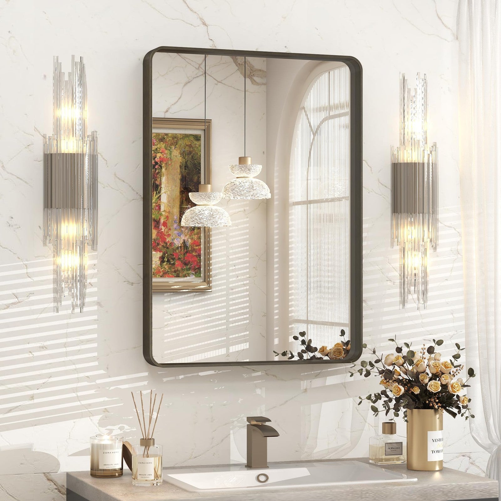 VANLIO 20x30 inch bronze framed bathroom mirror with rectangular brushed bronze metal frame, hanging on a wall.