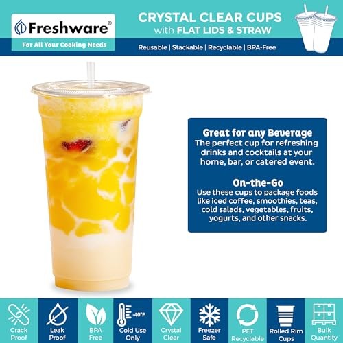 Clear disposable plastic cups with flat lids and straws, 24 oz capacity, Freshware 100-pack stacked for use.
