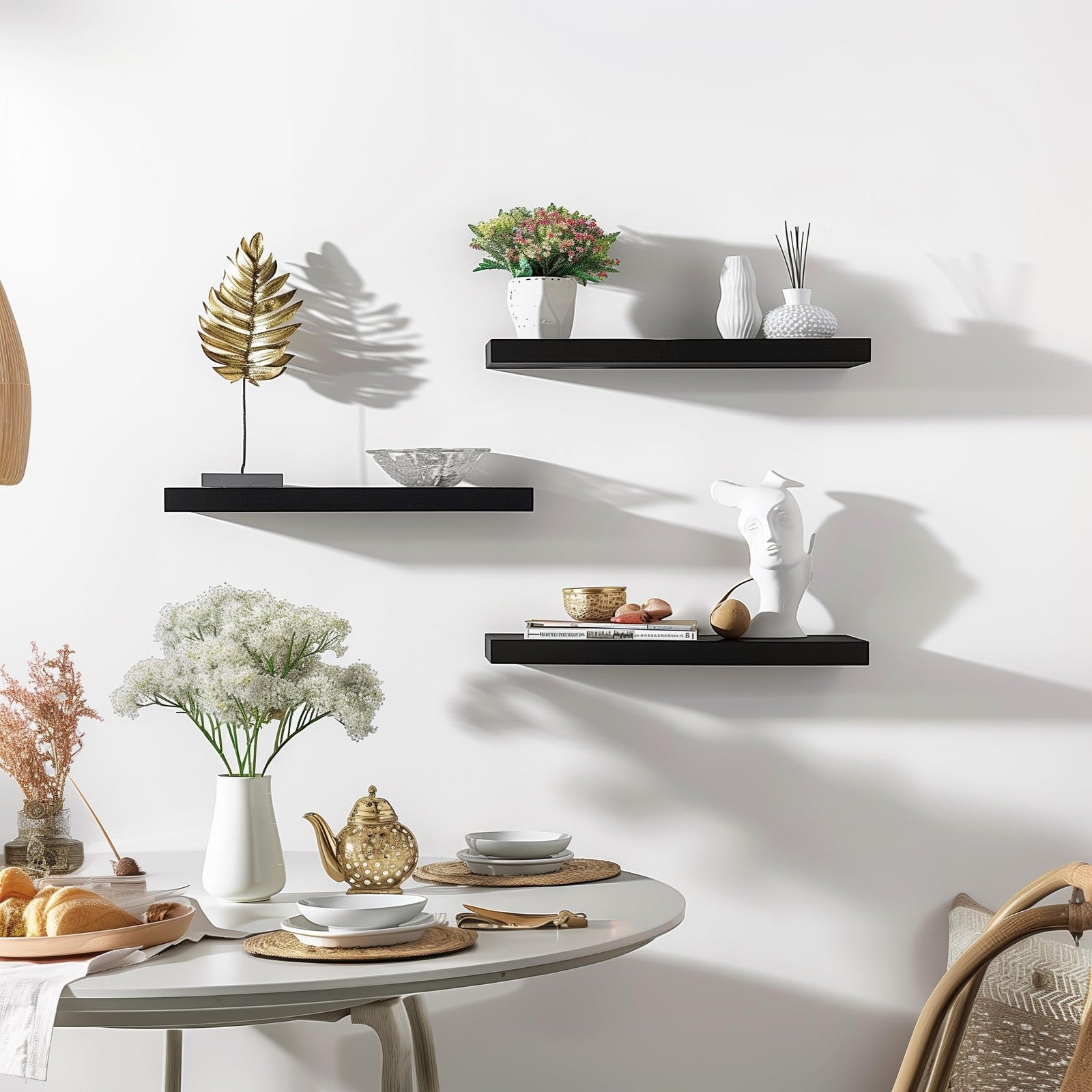 PHPH wood floating shelves set of 6 black wall shelves for bedroom, 17 inches each, showcasing modern, minimalist design.