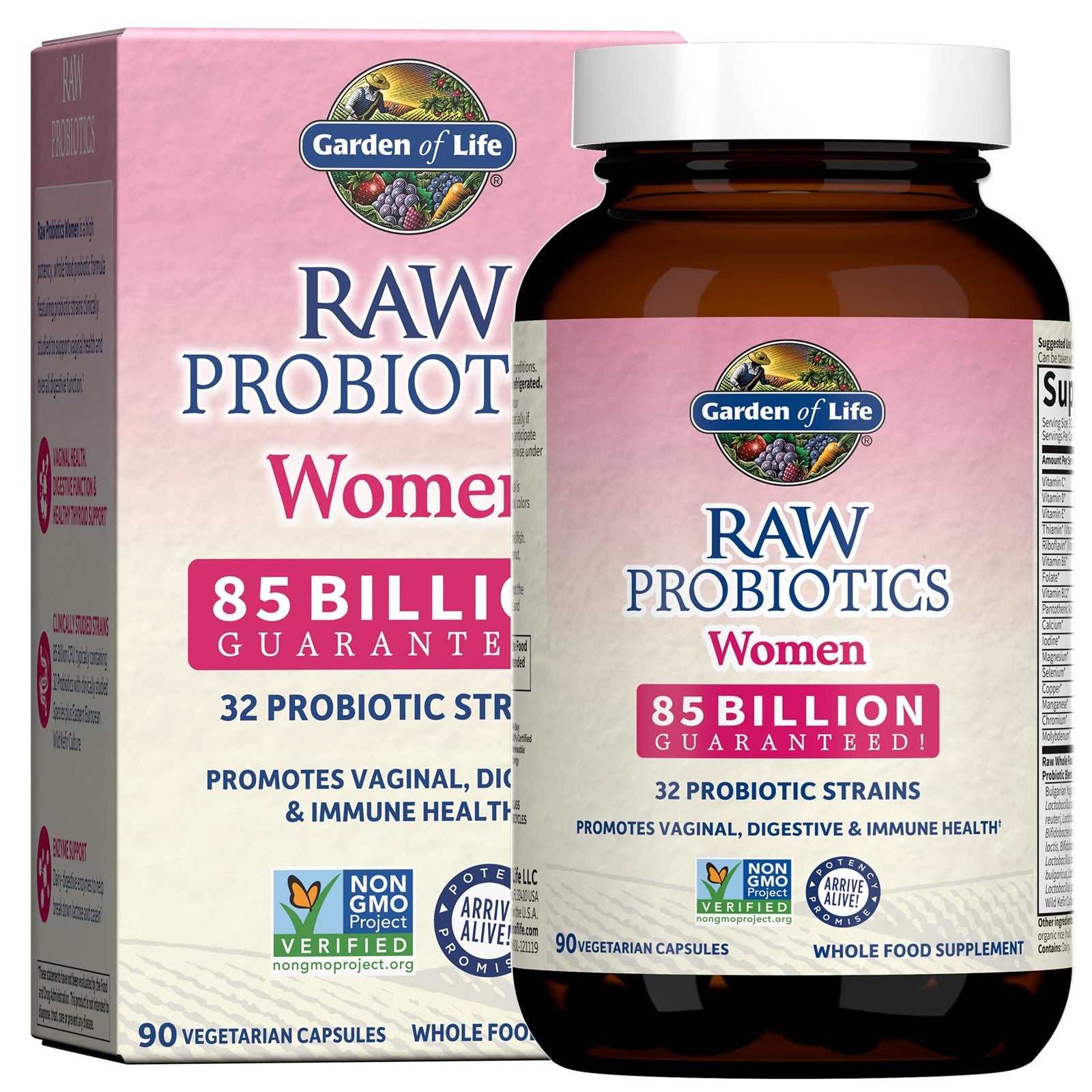 Garden of Life Raw Probiotics for Women bottle with 85 billion CFU probiotic capsules, designed for vaginal health and digestive support.
