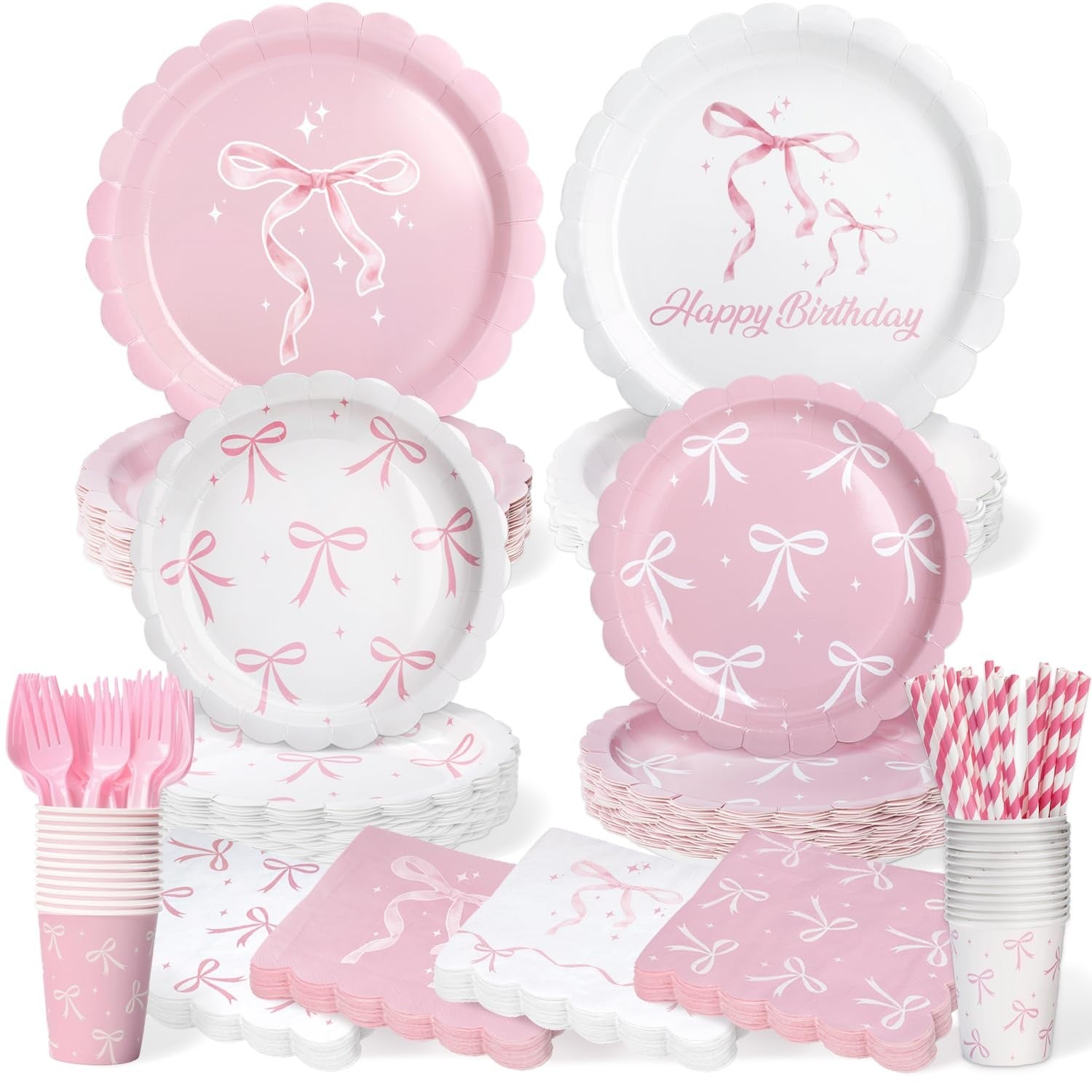 Set of pink bow-themed party plates, cups, napkins, and tableware from Kinovo for coquette birthday celebrations.