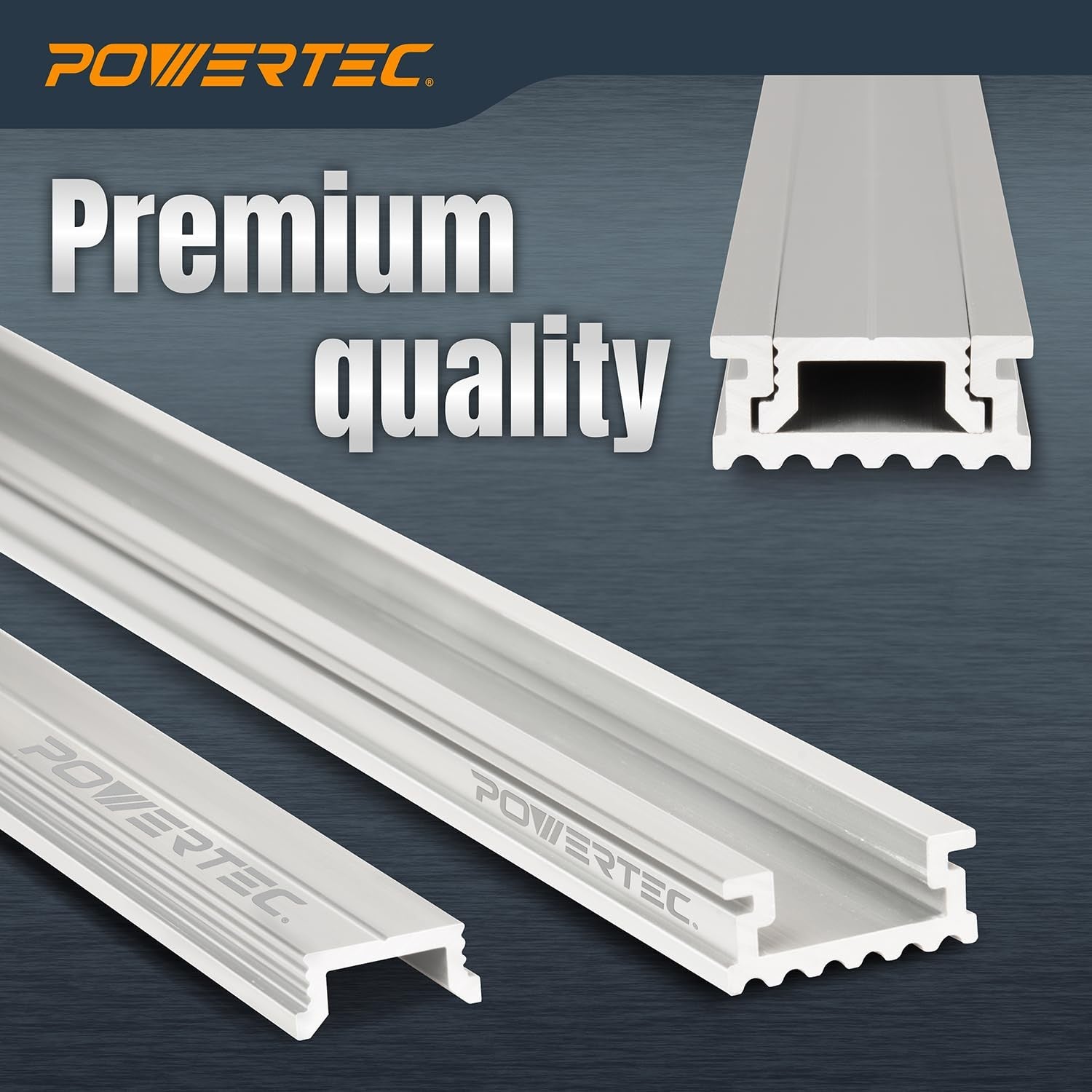 Powertec 32-inch aluminum miter T-track T-bar set for benchtop table saws and routers, shown installed on a workbench.
