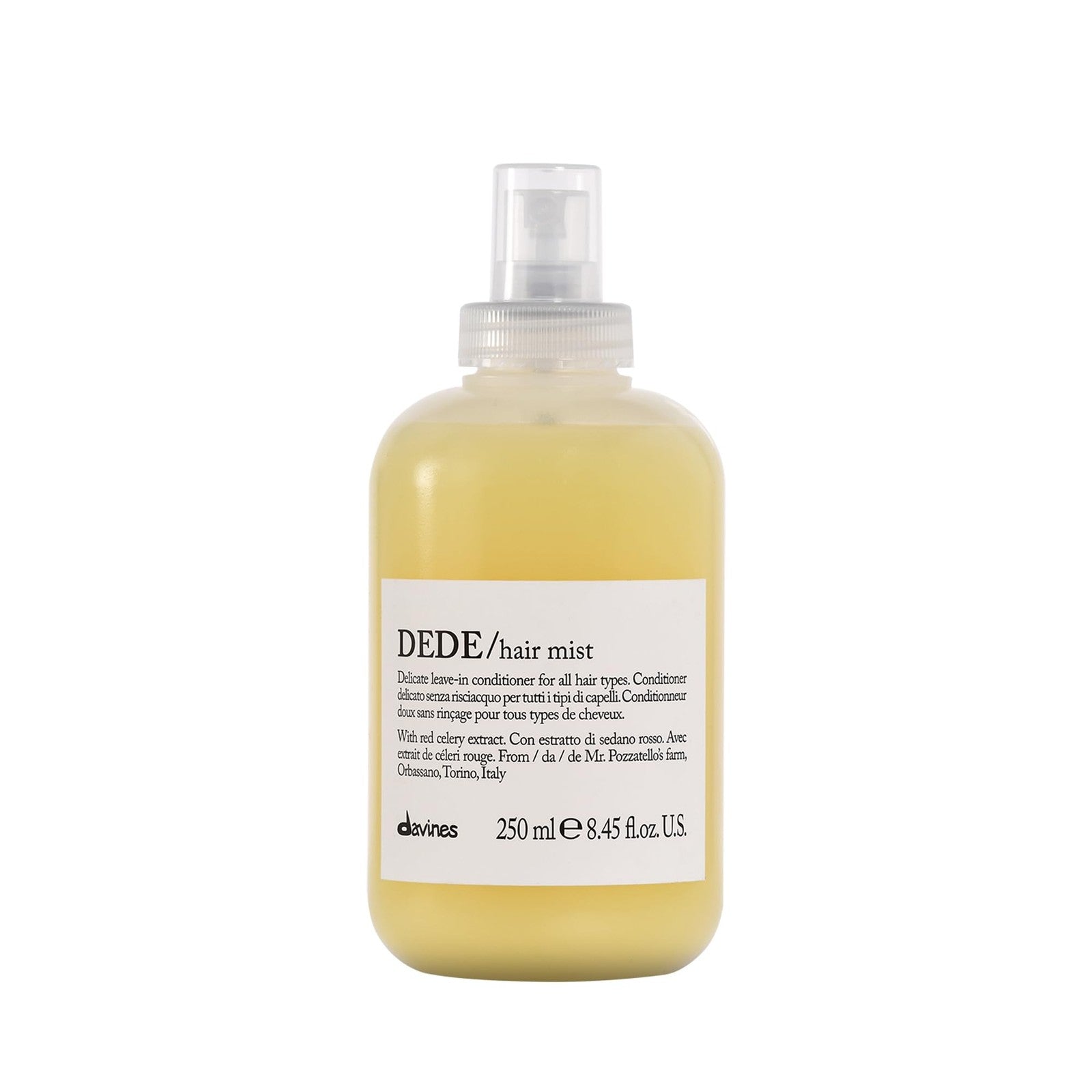 Davines DEDE Hair Mist lightweight leave-in conditioner bottle with spray nozzle, designed to moisturize and refresh hair.