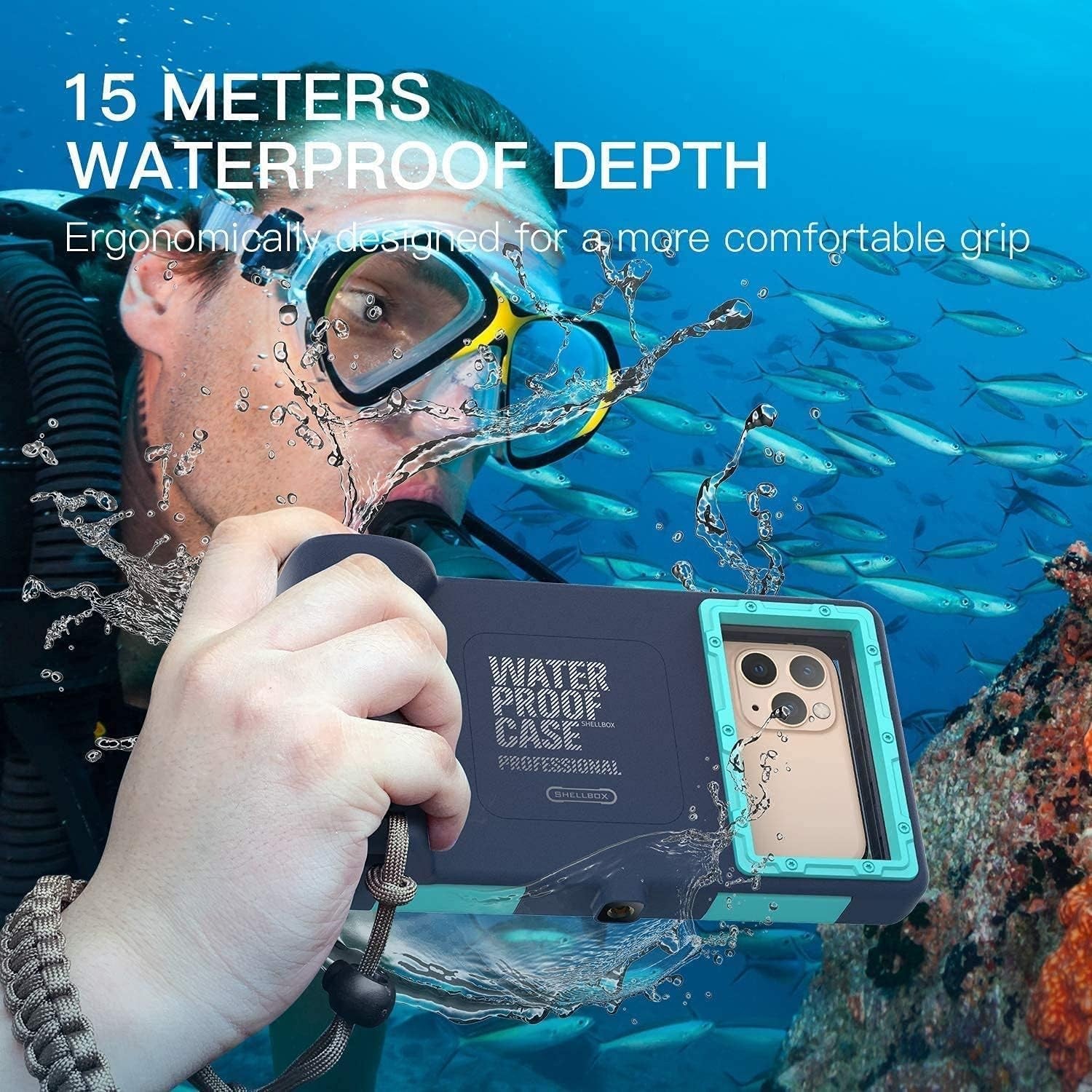 Unbranded waterproof diving phone case for iPhone 17/16/15/14/13, shown protecting an iPhone in clear, durable, waterproof material.