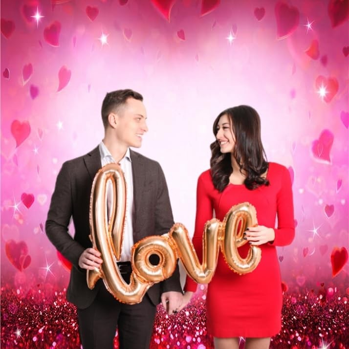 INRUI Valentine's photography backdrop with red hearts, love theme, shiny sparkling surface, perfect for romantic photoshoots.