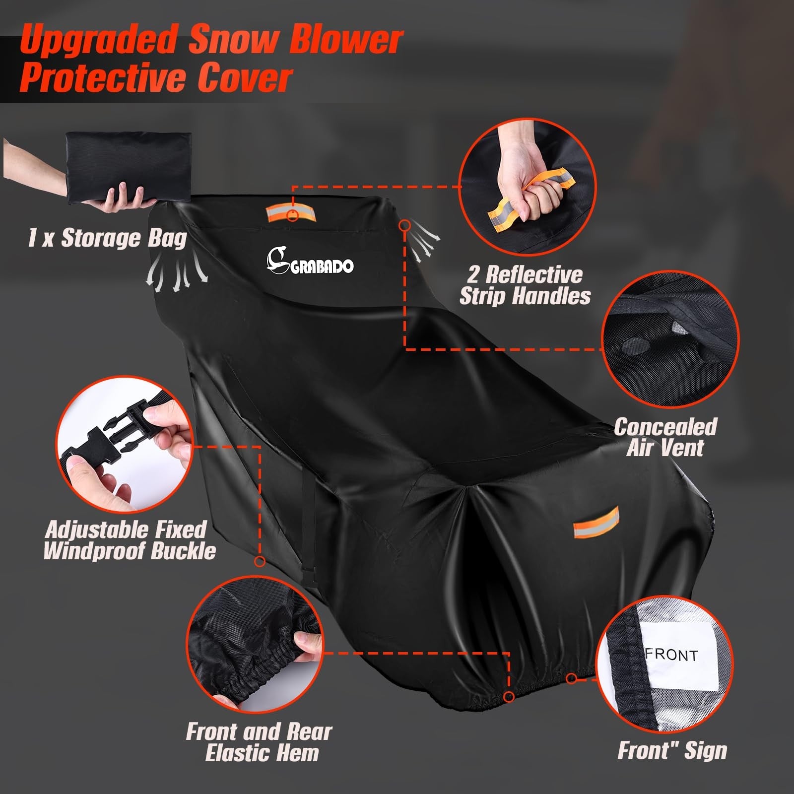 Heavy-duty GRABADO snow blower cover in waterproof 840D fabric, designed for outdoor protection of snowblowers.
