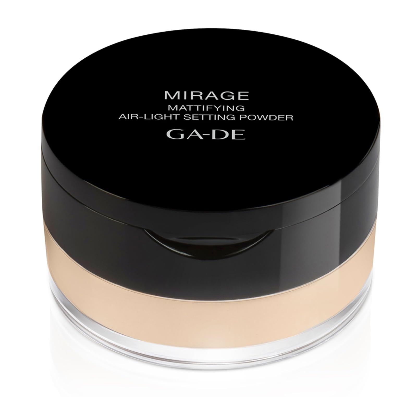 GA-DE Mirage Matifying Air-Light Setting Powder with shine-free, flawless finish, shown in a sleek compact container.