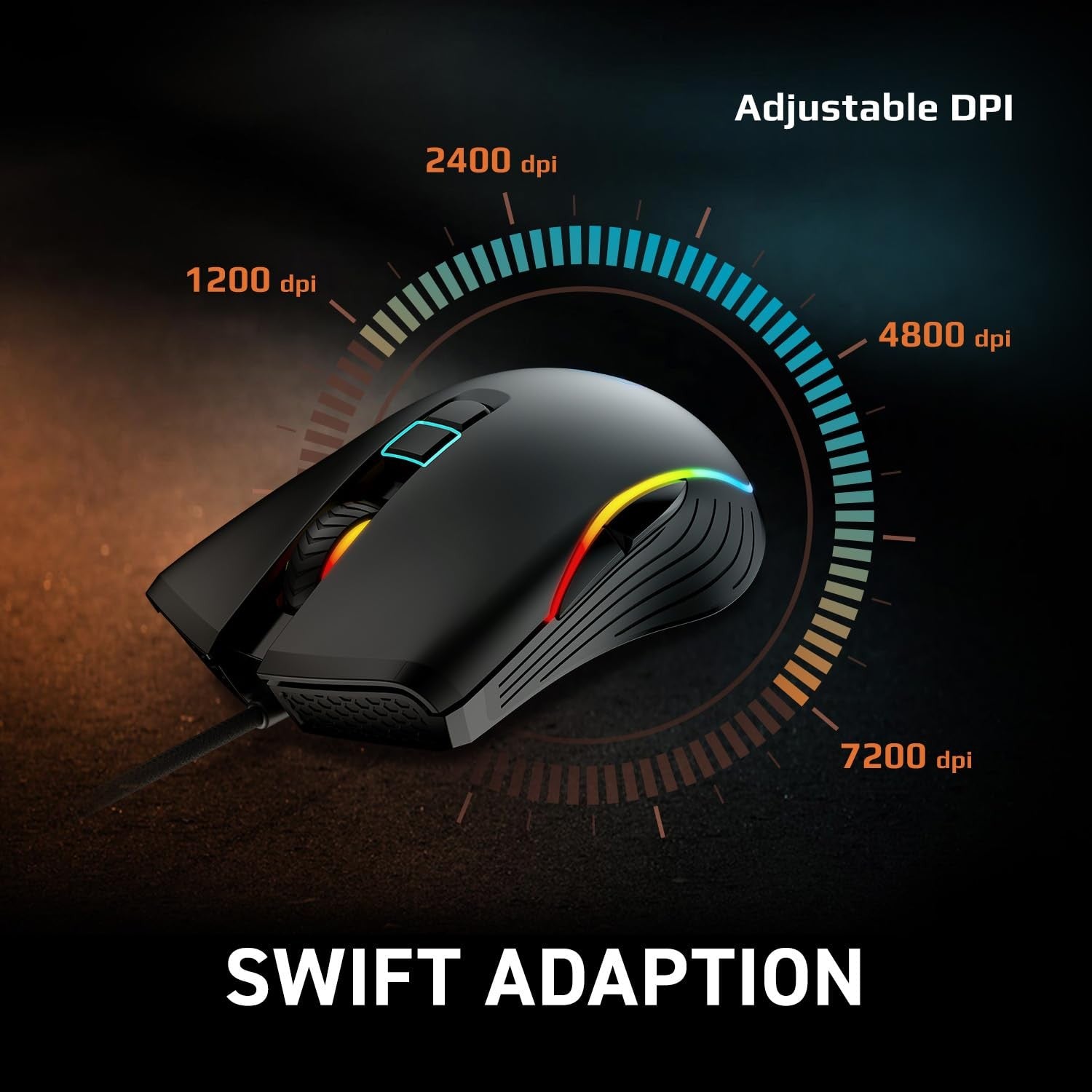 MSI Forge GM300 gaming USB mouse with RGB lighting, lightweight design, adjustable up to 7200 DPI, suitable for desktop and lap use.