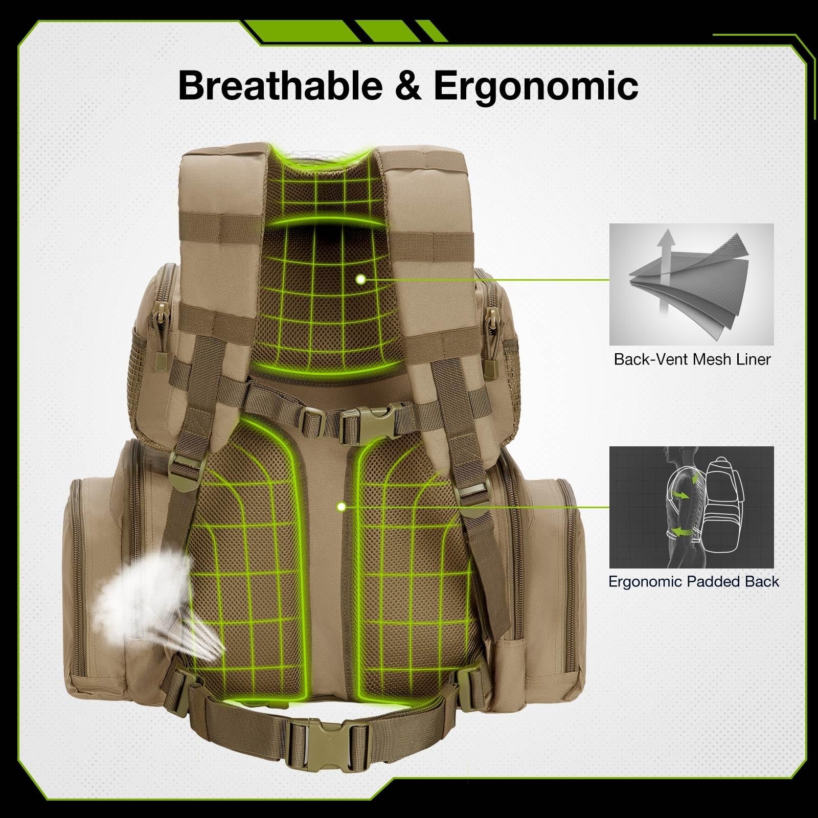 Tidewe tactical range backpack in khaki with gun and ammo compartments, pistol case, durable fabric, and multiple storage pockets.