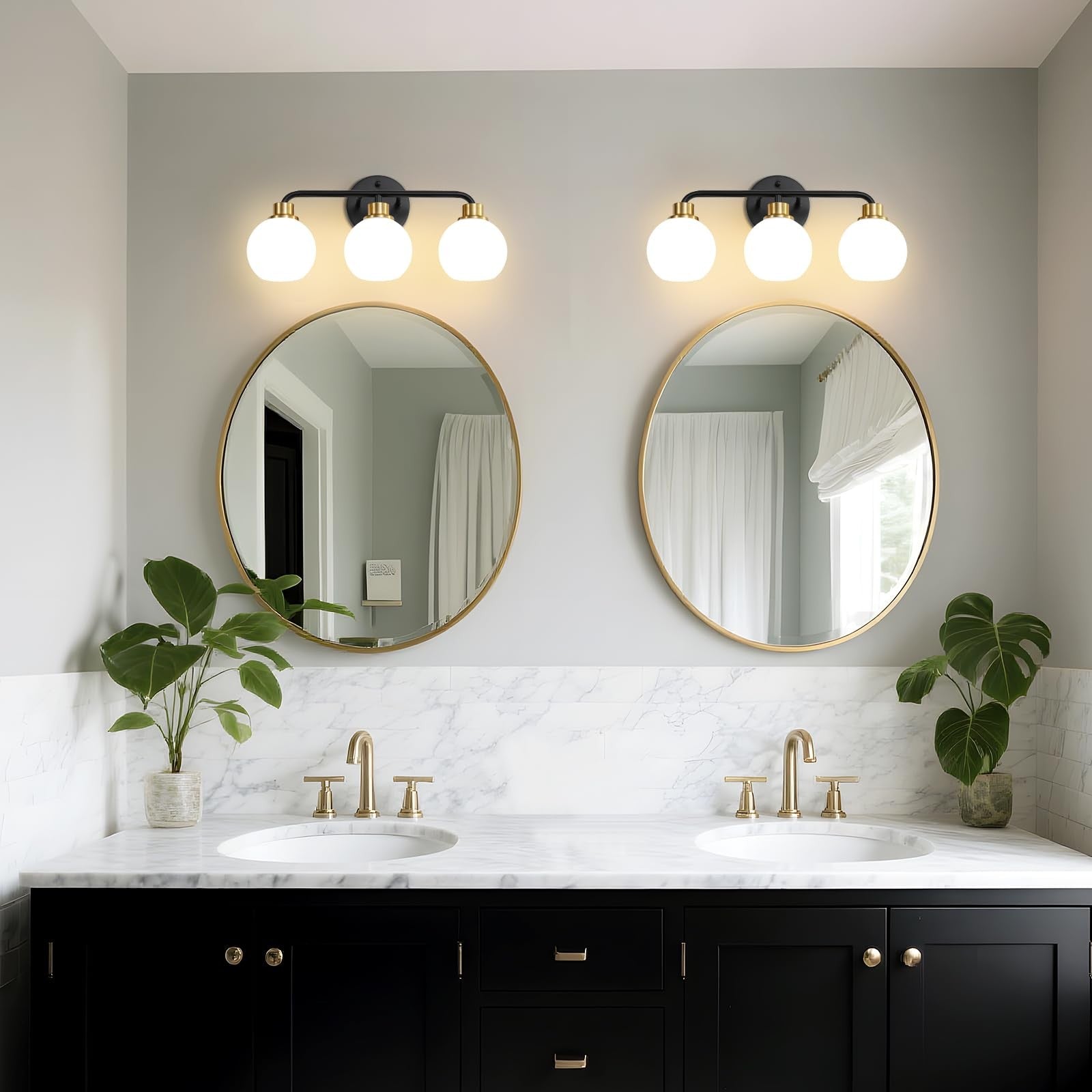 Black and gold 3-light bathroom vanity light fixture by Watyo with milk glass shades, modern and stylish bathroom lighting.