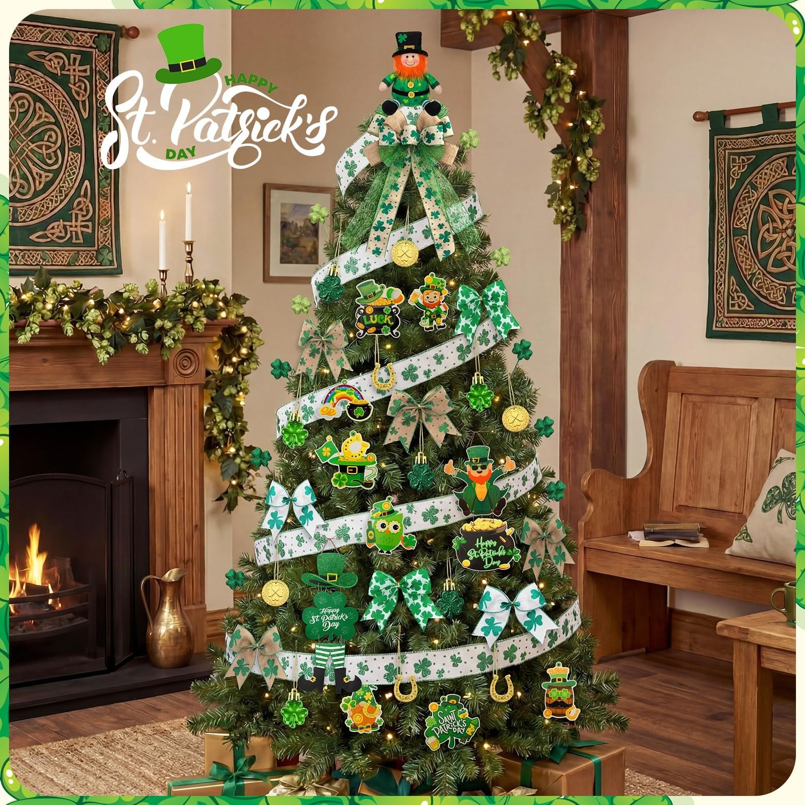 Halfchet 43-piece St. Patrick's Day tree ornaments with hanging decorations, featuring Irish-themed designs for festive celebrations.