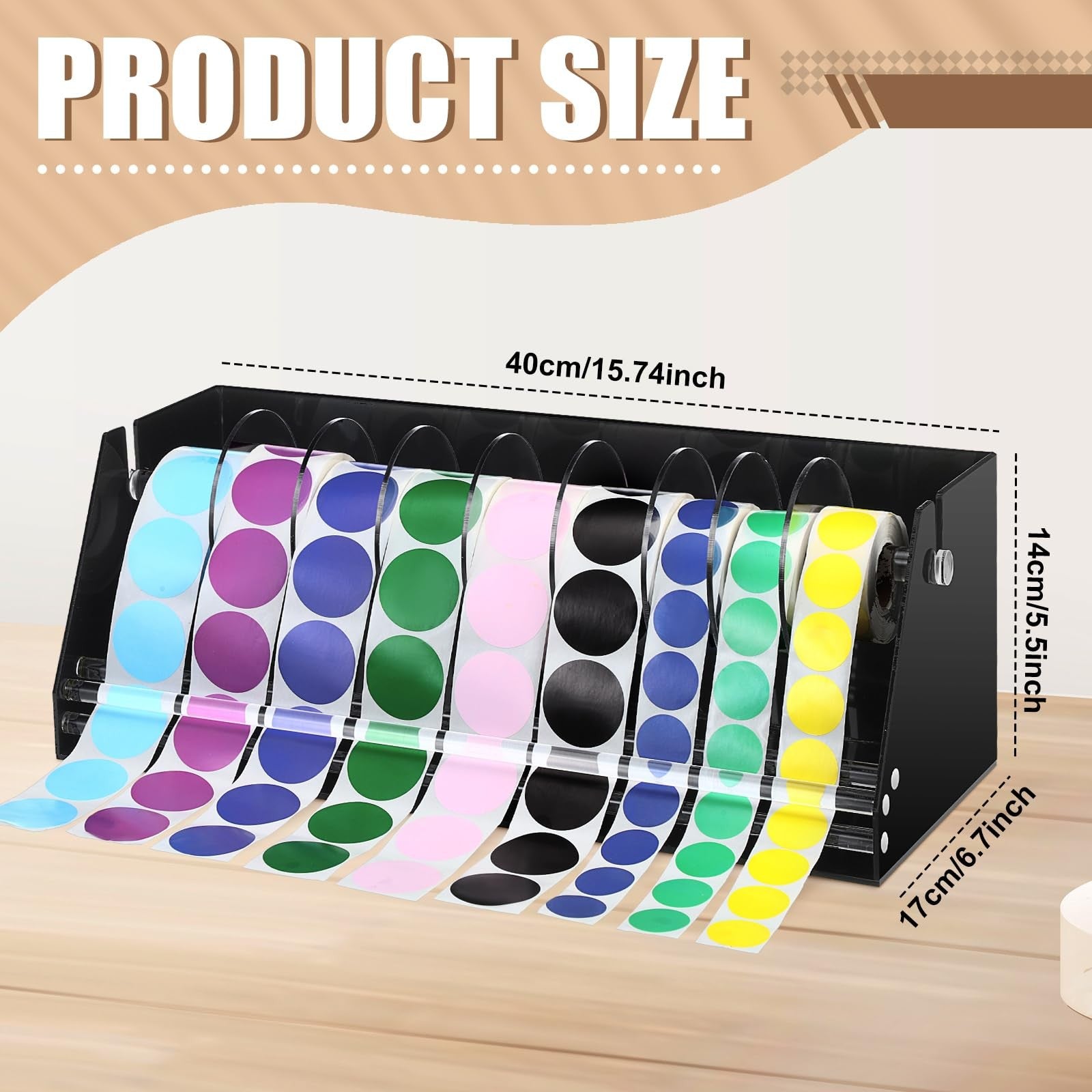 Feifeiya adjustable acrylic sticker roll dispenser with 9 disks, clear label holder for organizing stickers and labels.