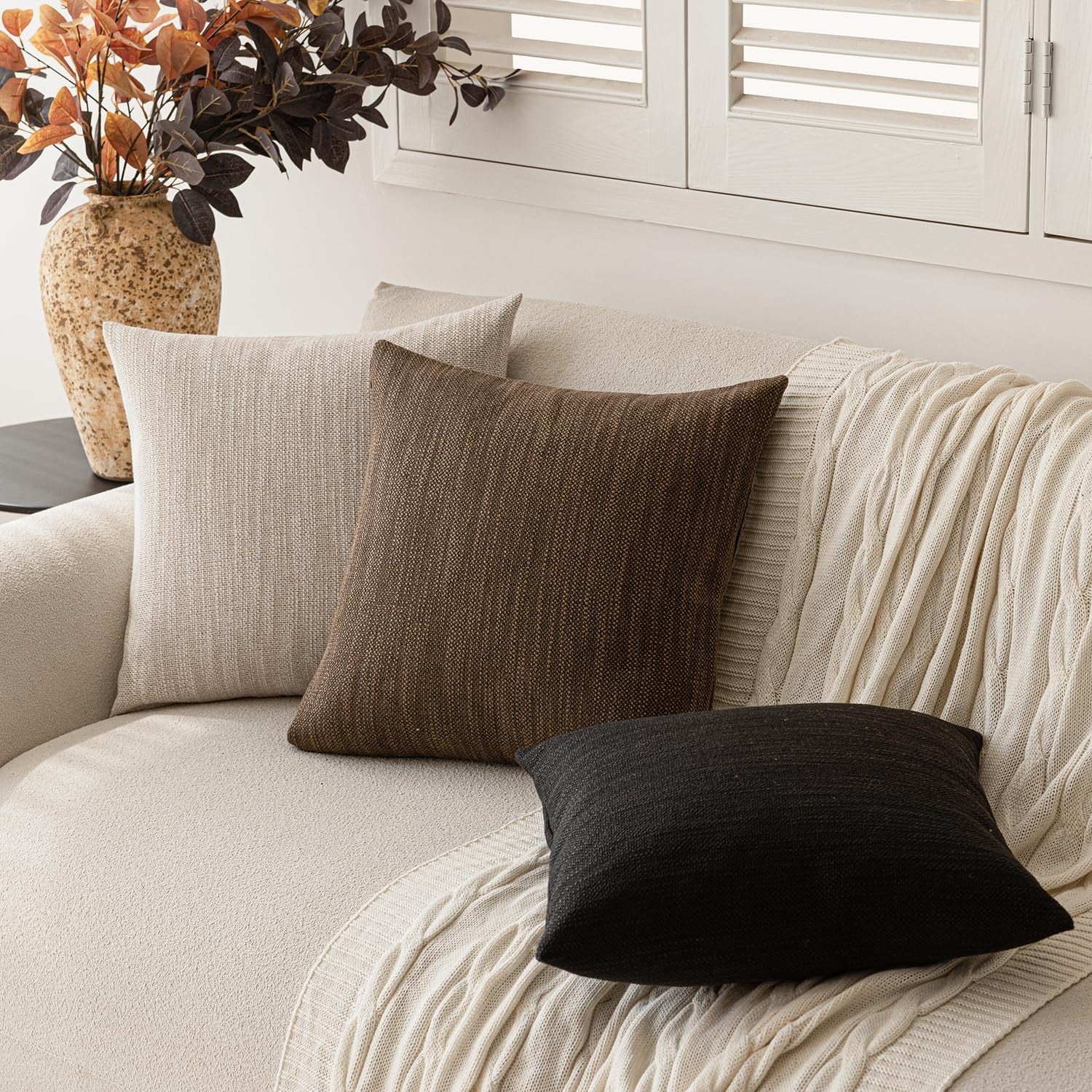 Foindtower set of 2 decorative textured burlap linen throw pillow covers with farmhouse style, natural earthy tones.