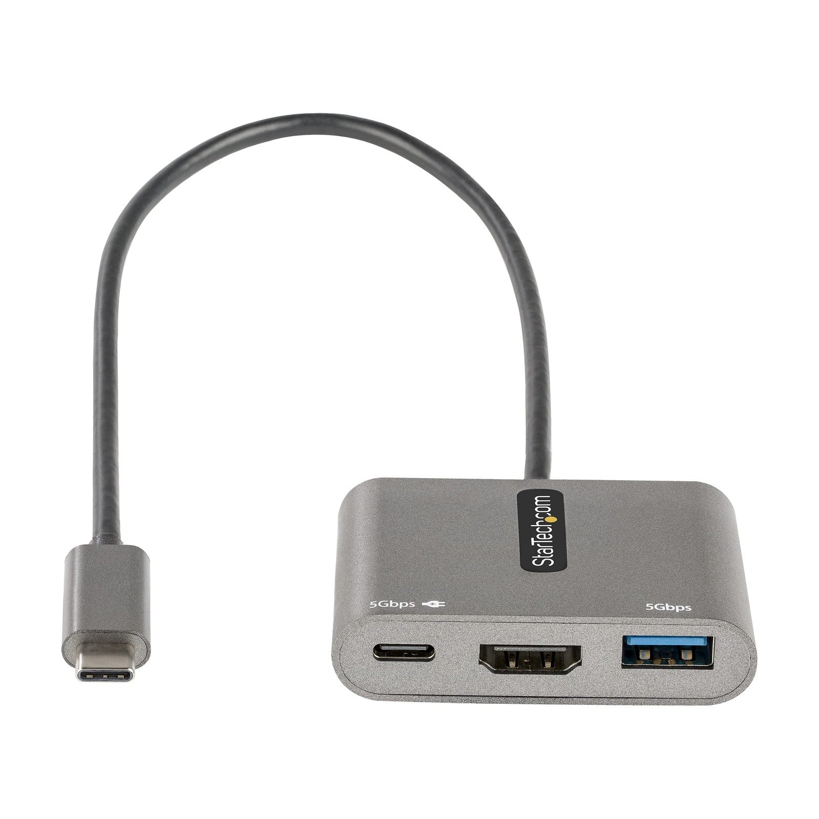 StarTech.com USB C Multiport Adapter with HDMI, USB 3.0 ports, and Ethernet port for USB-C devices, connected to a laptop.