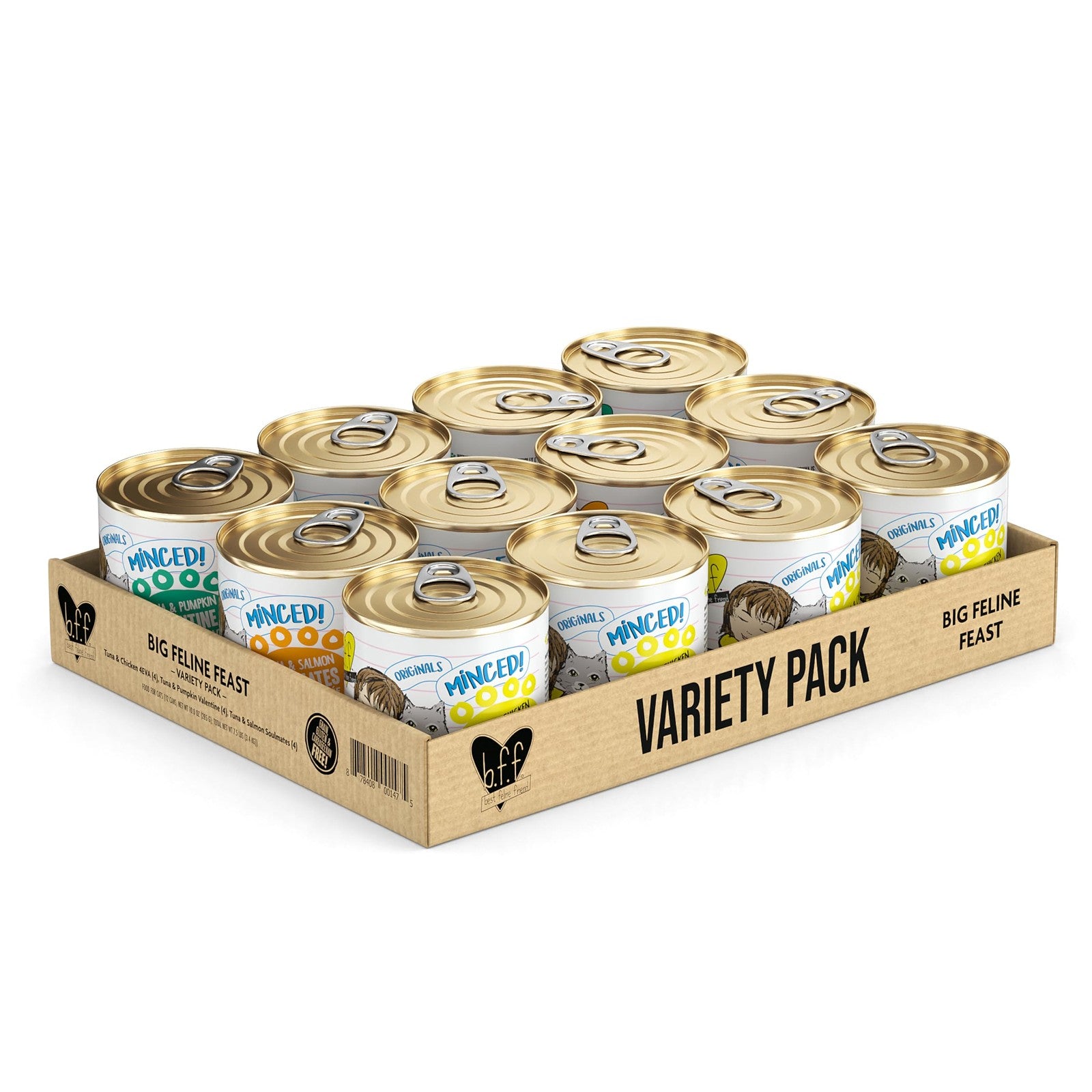 Weruva BFF Minced Wet Cat Food Big Feline Feast Variety Pack 10oz cans, 12-pack, showing colorful canned cat food with labels