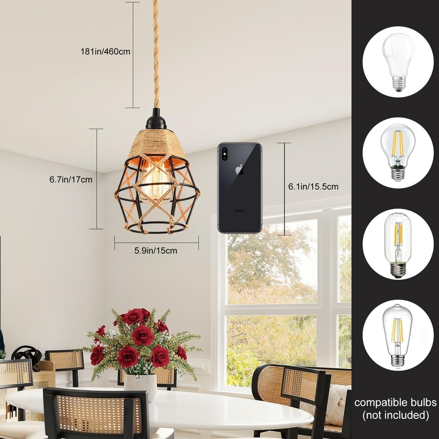 Industrial hanging light with plug-in cord, hemp rope, and on/off switch, designed for farmhouse decor by CAFULAM.