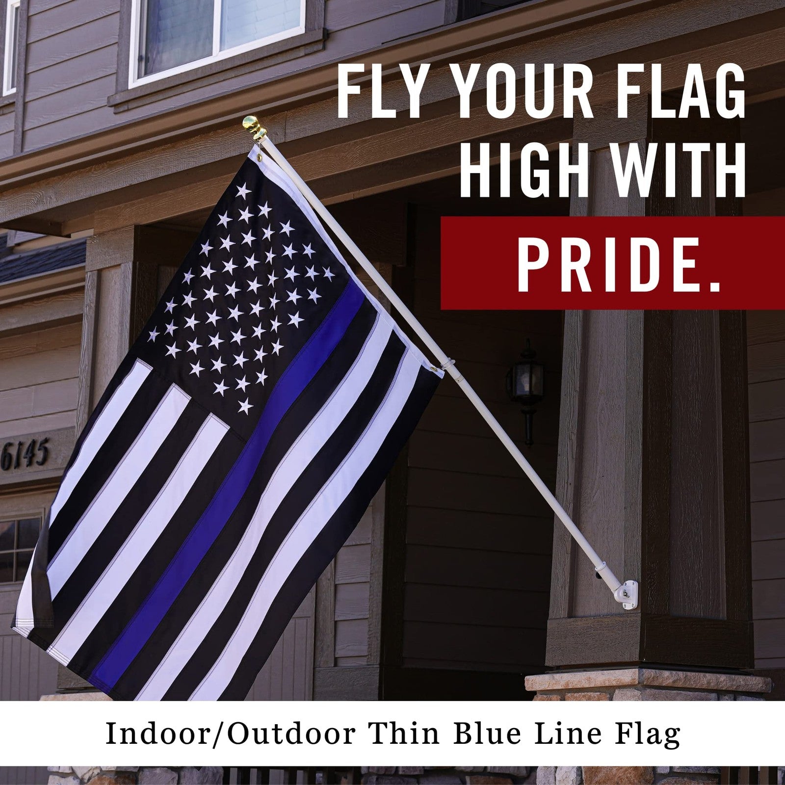 Front Line Flags Thin Blue Line USA flag, 5x8 ft embroidered heavy-duty police flag with blue stripe and detailed stitching.