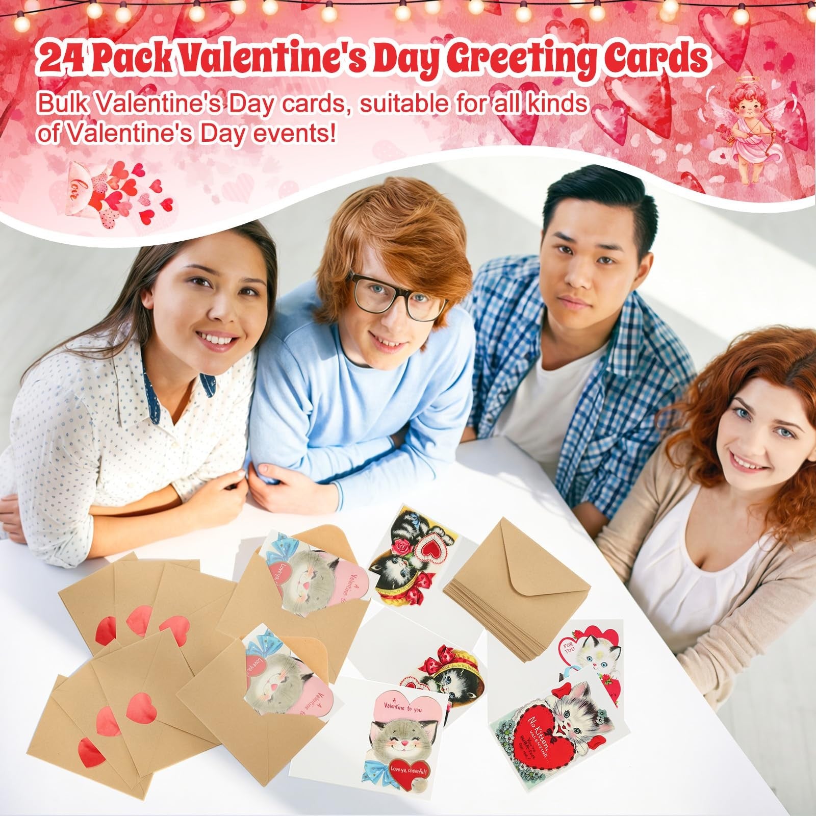 Tenceur vintage Valentine’s Day cat card set with red envelopes, featuring 240 colorful love-themed greeting cards and matching envelopes.