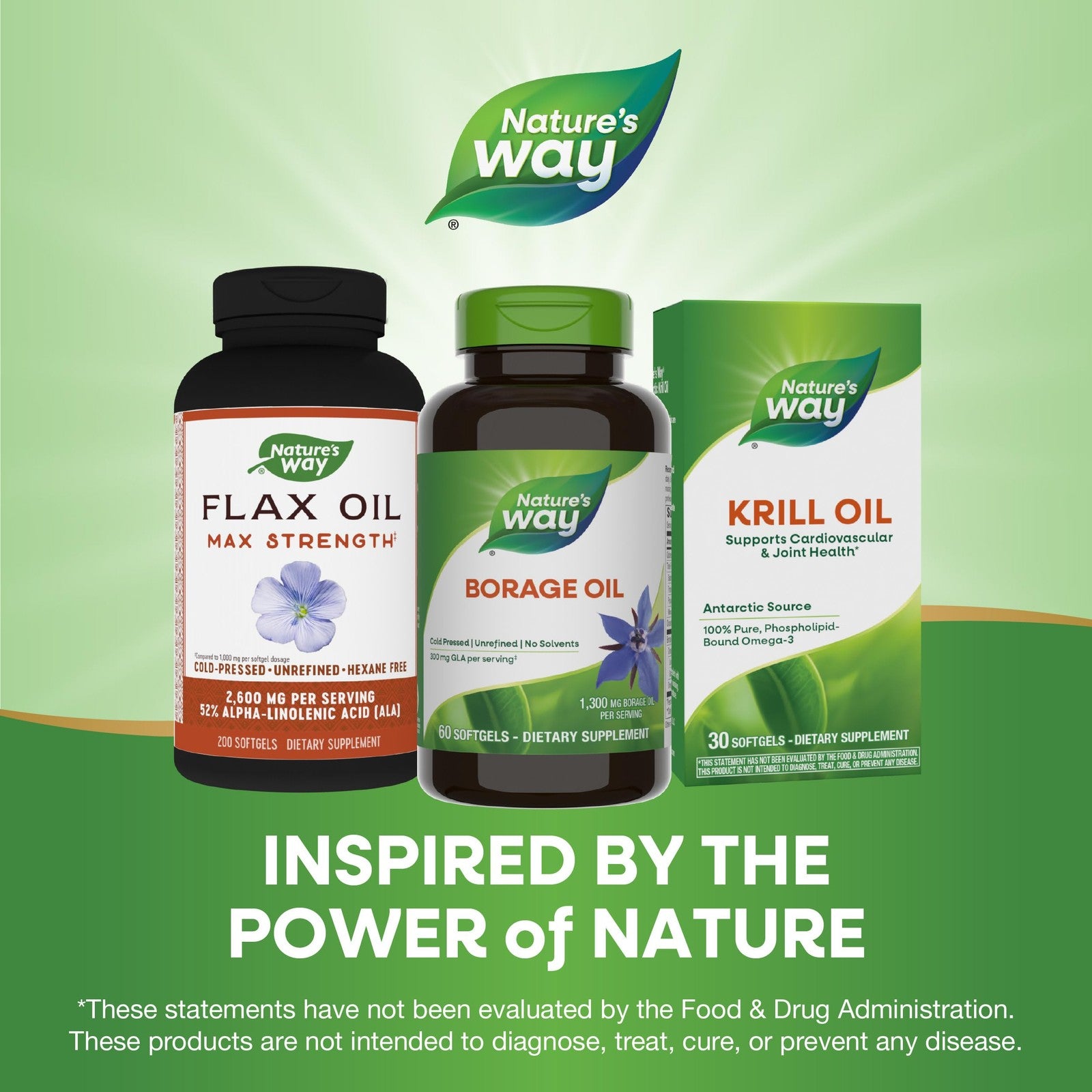 Bottle of Nature's Way Borage Oil supplements with label showing 300 mg GLA, cold pressed and unrefined in a clear container.