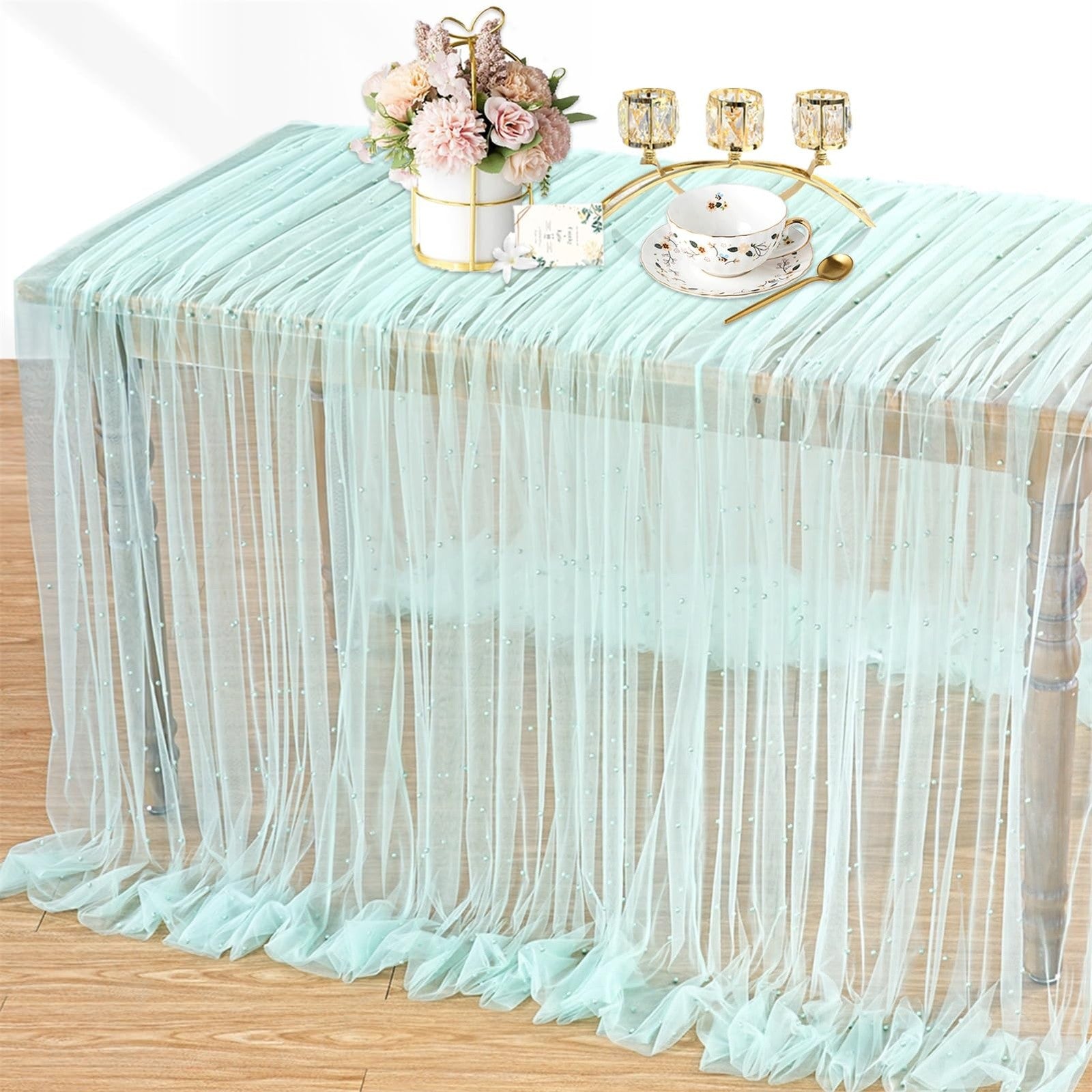 Light green pearl tulle fabric by B-COOL, 10 yards of sheer mesh material for sewing and DIY craft projects.