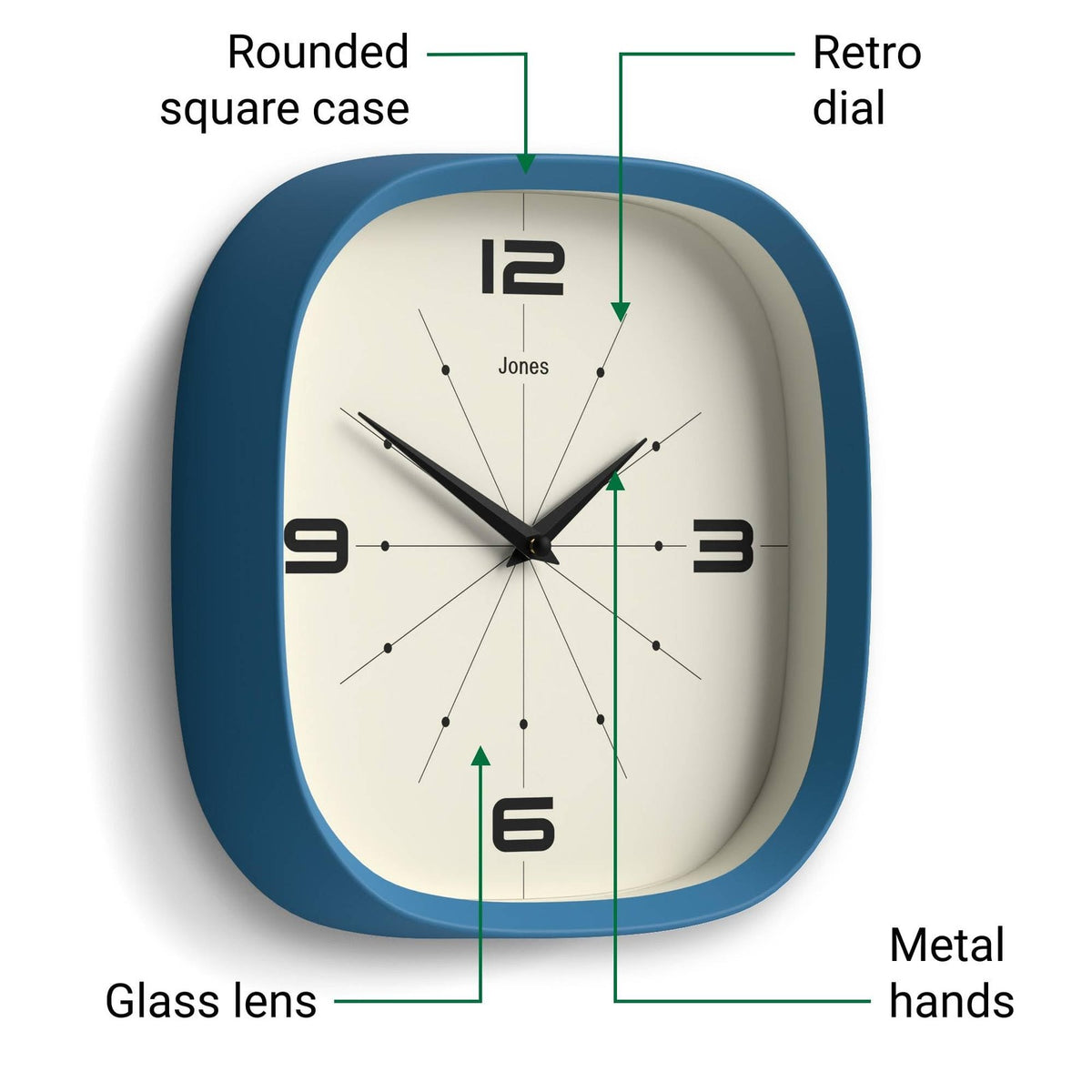 Jones Clocks Pulsar square wall clock, 10-inch round retro blue clock with rounded edges, modern and stylish home decor piece.