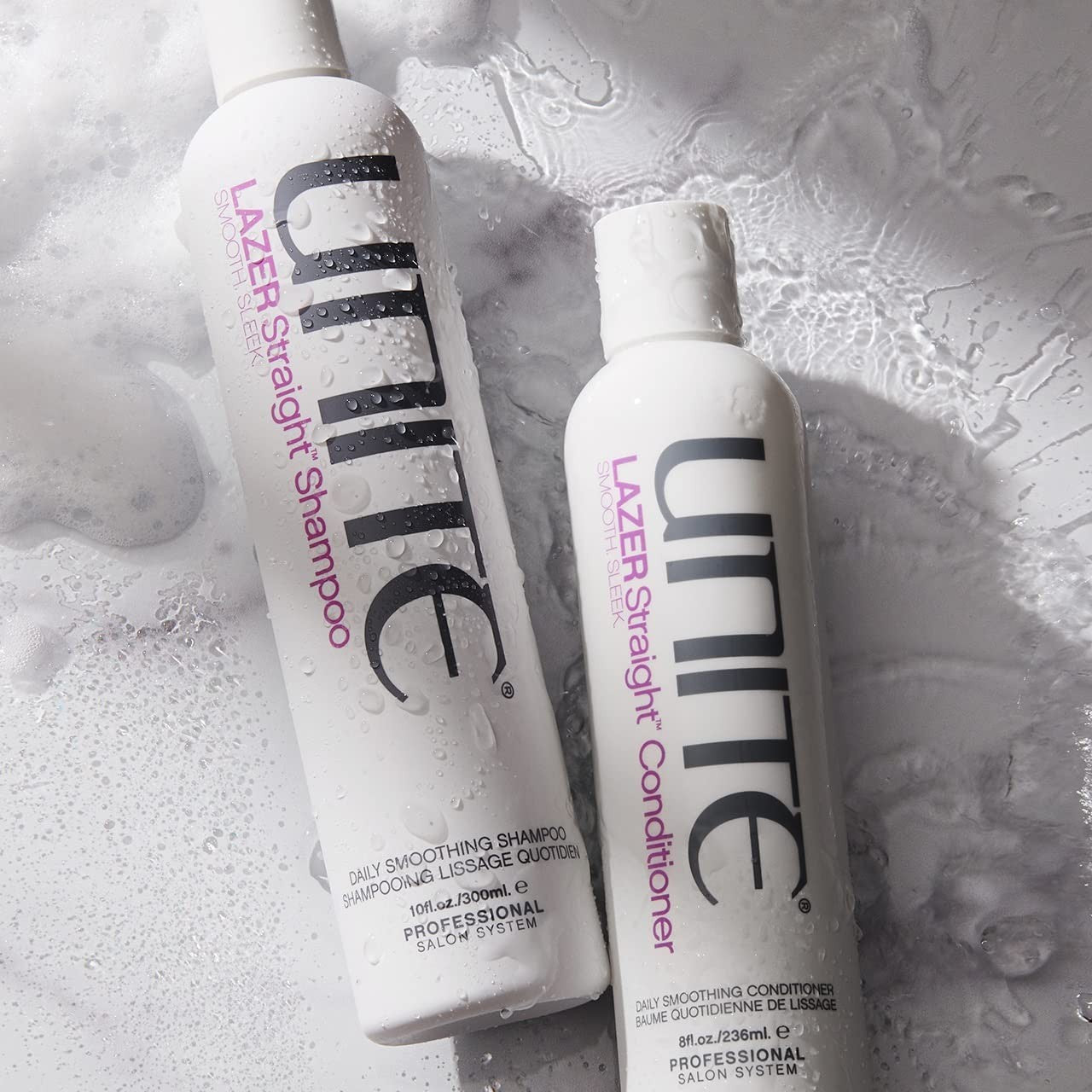 UNITE LAZER Straight Shampoo in a white bottle with black cap, designed for smoothing and frizz control.