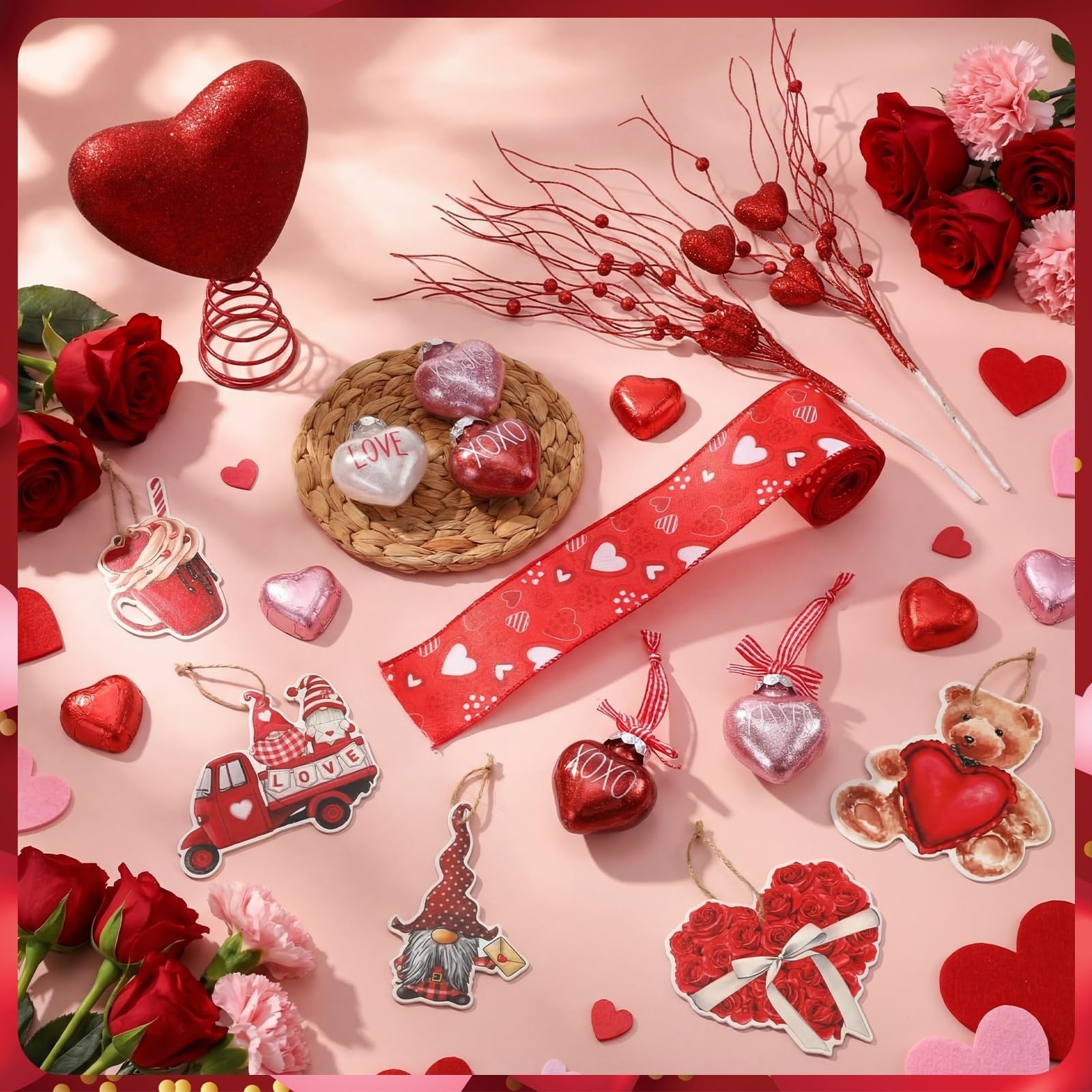 Halfchet 43-piece Valentine's Day tree decorations with hanging ornaments for festive holiday decor.