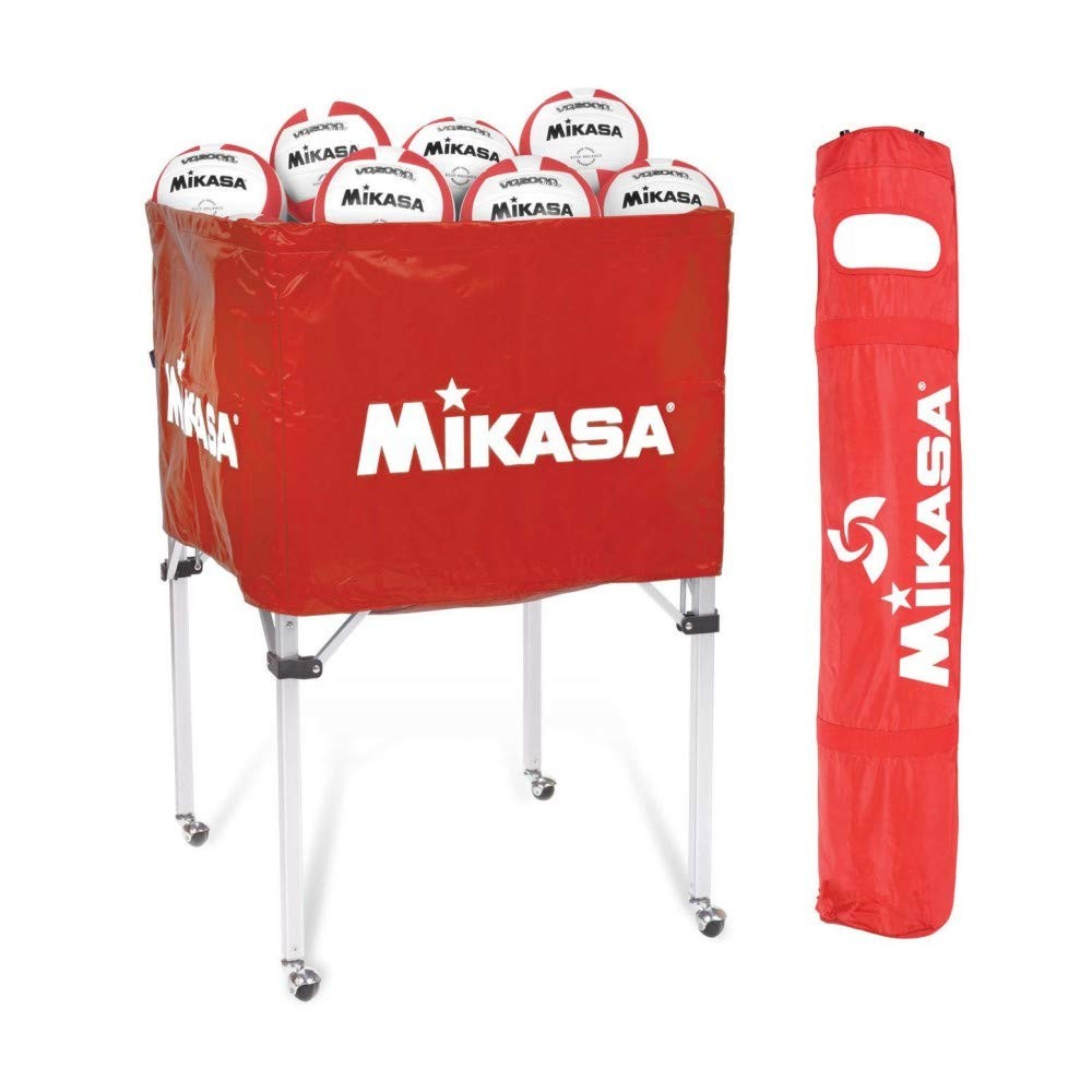 Mikasa BCSPSH-SCA Scarlet ball cart with metal frame and handle for transporting volleyballs, bright red color for easy visibility.