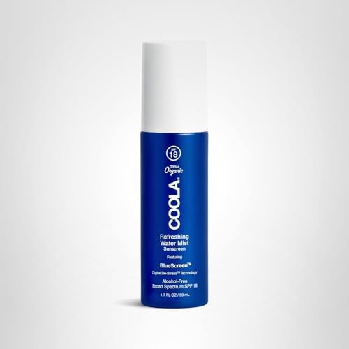 COOLA Organic Refreshing Water Mist Face Moisturizer with SPF 18, clear spray bottle with blue and green accents.