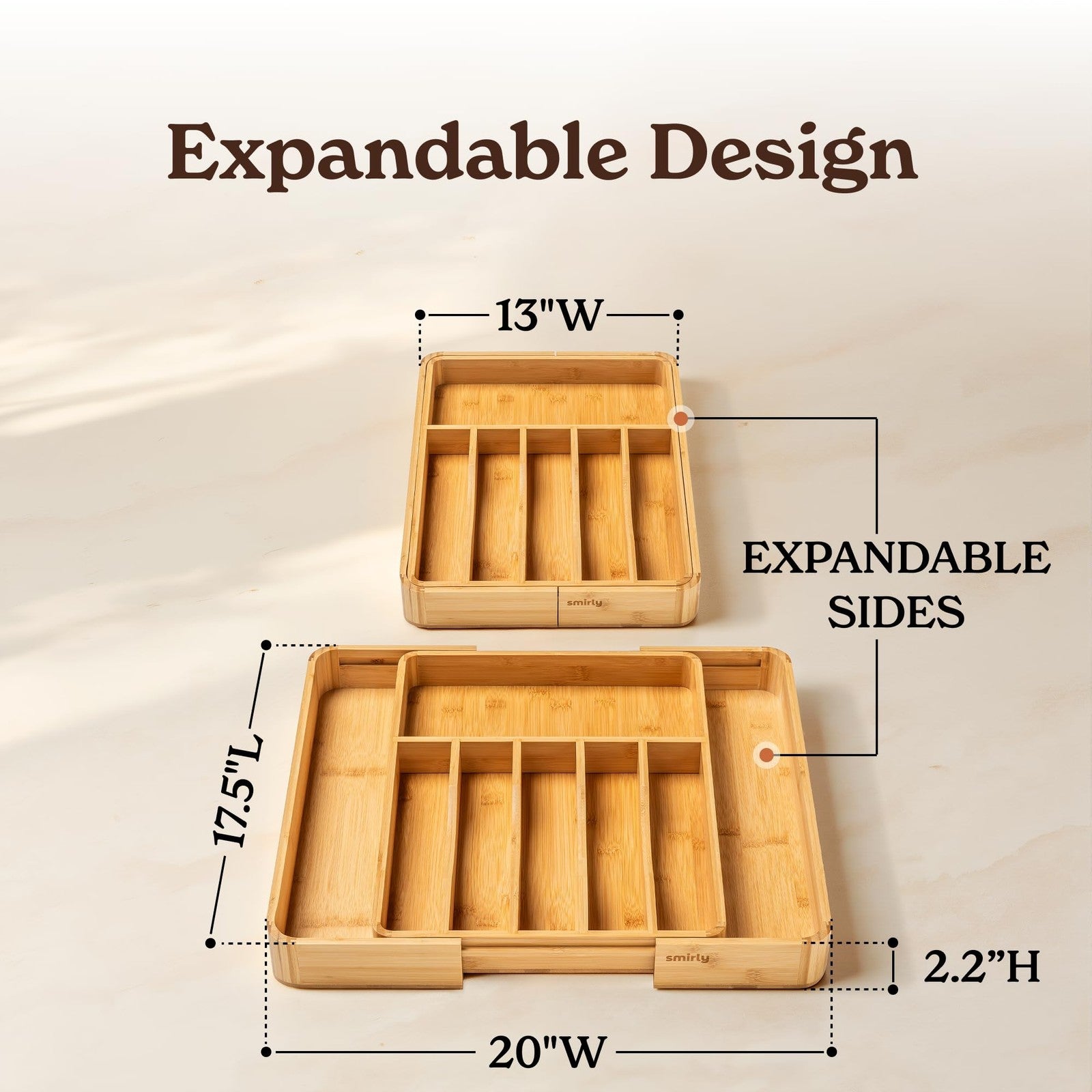 Silverware drawer organizer by Smirly with bamboo compartments, adjustable dividers for kitchen drawer storage.