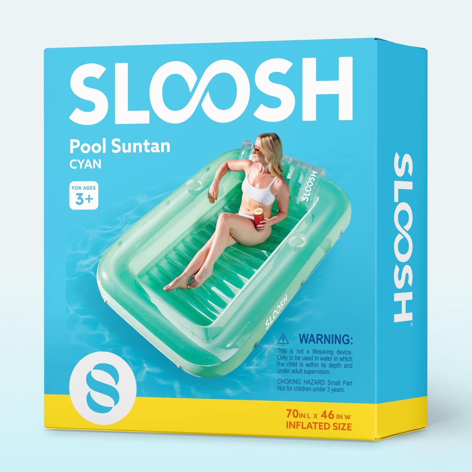 Sloosh inflatable tanning pool lounger float with pillow and cupholder, 70x46 inches, designed for adult relaxation in the pool