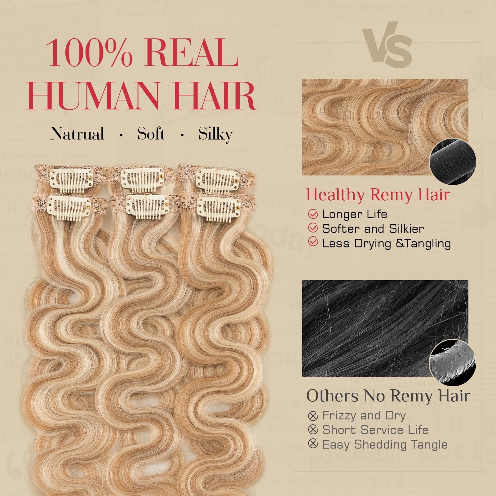Rich Choices real human hair clip-in curly wave extension, 6-piece set with single clips, natural and styled for volume.