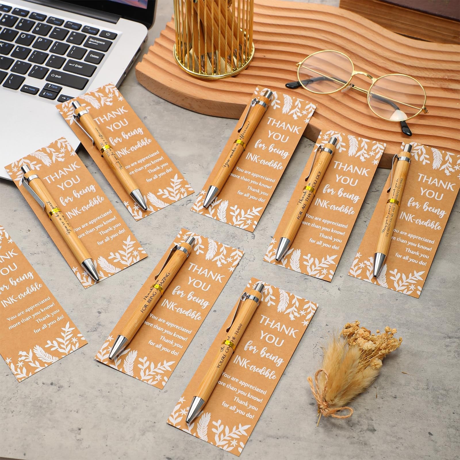 ReliThick employee appreciation gifts set with inspirational bamboo ballpoint pens in a bulk pack.