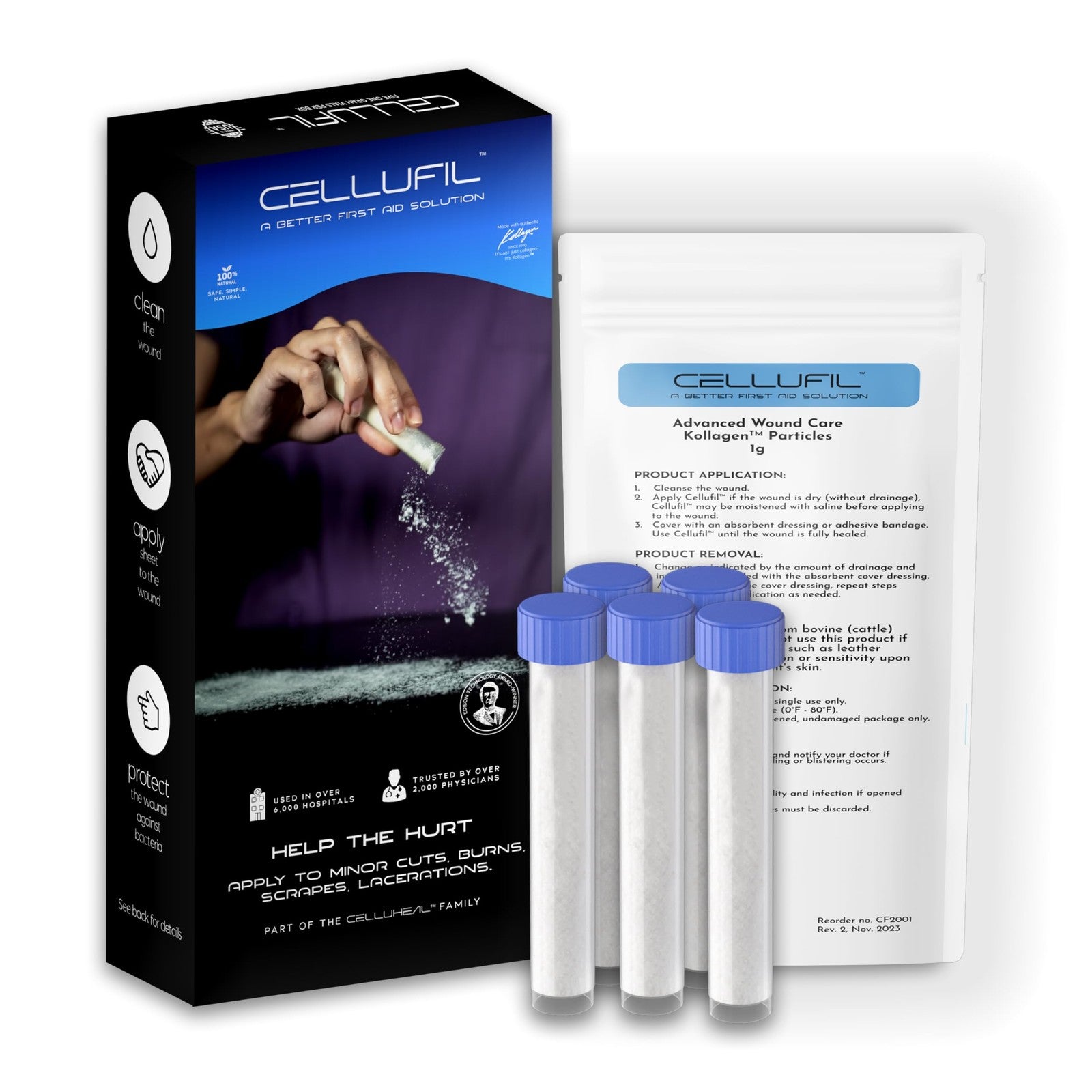 Celluheal Cellufil Collagen Particles in 5 vials for advanced wound care, showing sterile collagen powder in vials.
