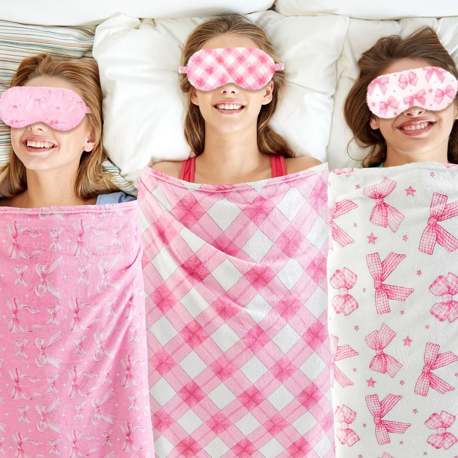 Fanfanwin 18-piece girls' sleepover party supplies set with six styles of cute pink bow-themed decorations and accessories.
