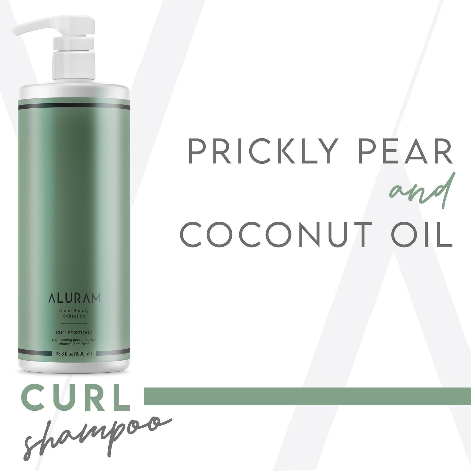 Clear, lightweight Aluram Curl Shampoo with coconut water for cleansing and clarifying curls, shown in a bottle with a pump.
