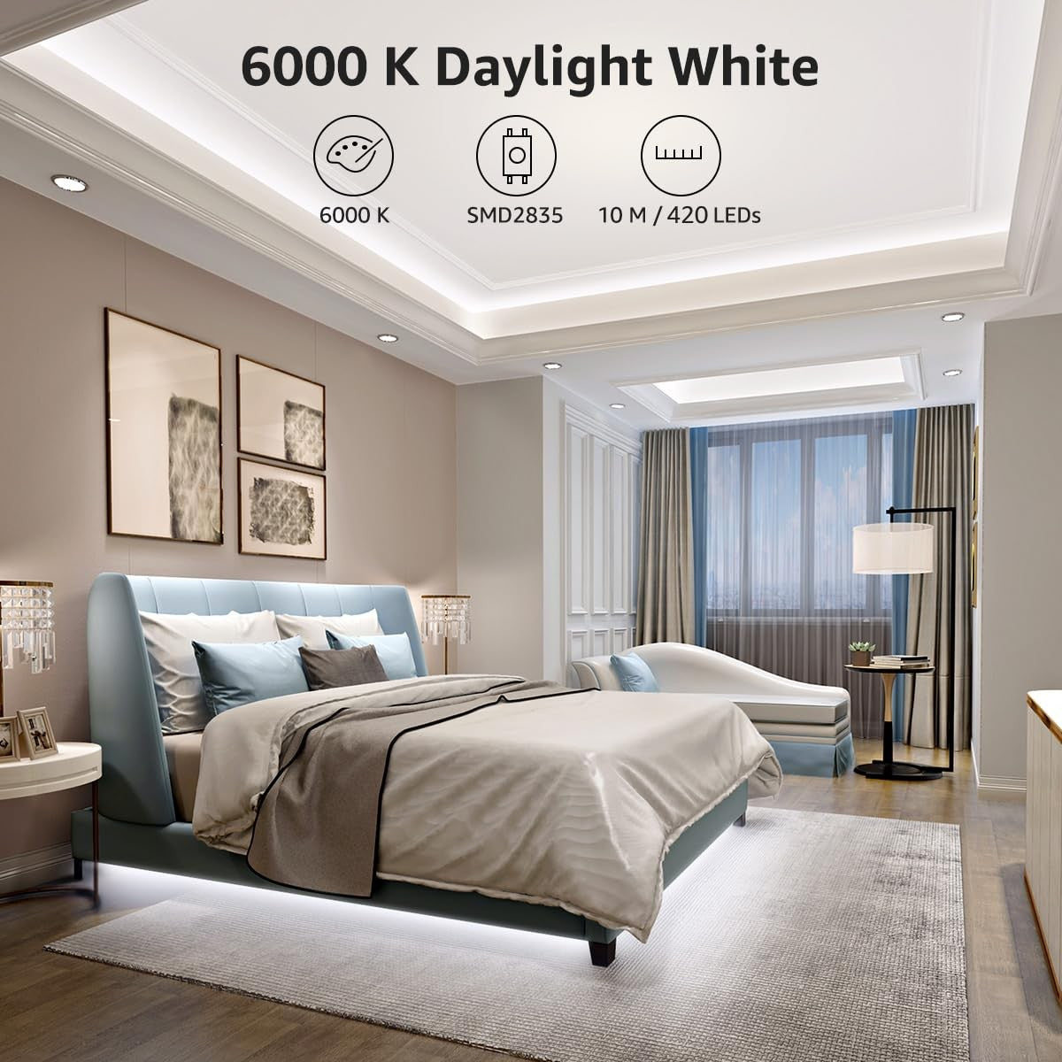 Dimmable 32.8ft LED strip light from Lepro with bright 6000K white glow, flexible tape for vanity or decorative lighting.