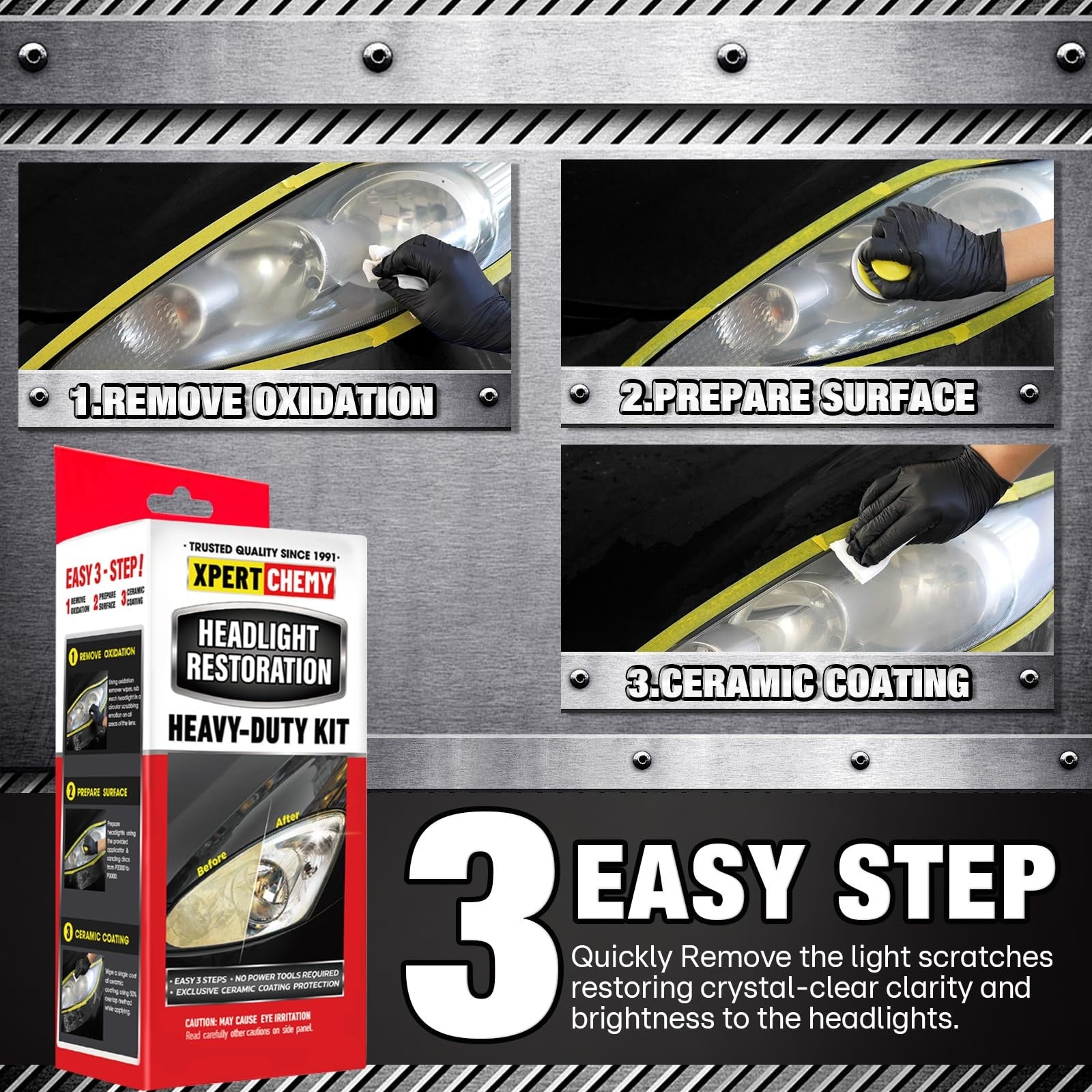 XPERTCHEMY headlight restoration kit with yellowing and clouding remover, showing the included polishing tools and cloudy headlight lens.