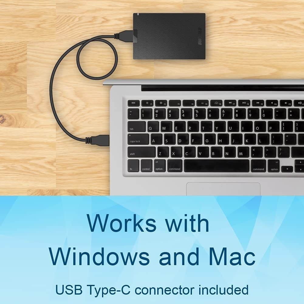 Buffalo 1TB external SSD with USB-C and USB-A ports, compatible with PS4, PS5, Windows, and Mac devices.