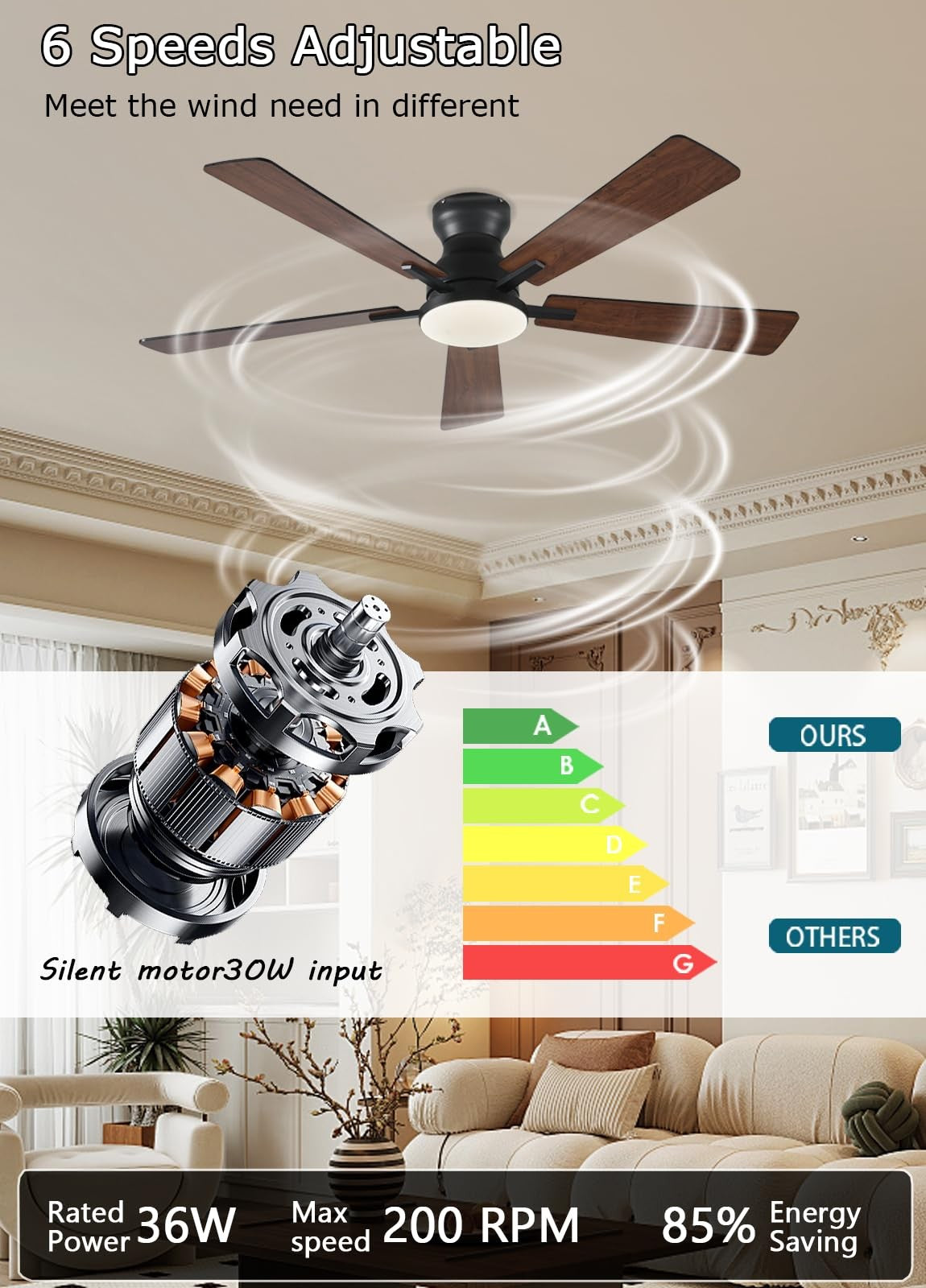 Jsaitee 52-inch ceiling fan with integrated light, remote control, and app connectivity, featuring modern blade design.