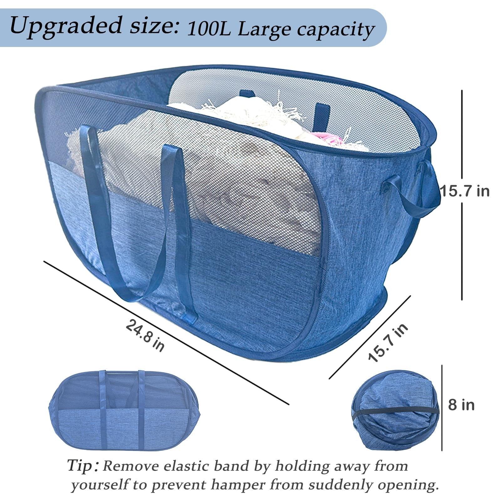 NairSnow 100L collapsible laundry baskets, 2-pack, large mesh pop-up laundry hampers for easy storage and transport.