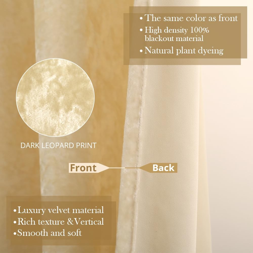 Liians black velvet blackout curtains for bedroom or nursery, beige, 52x84 inches, designed for patio doors.