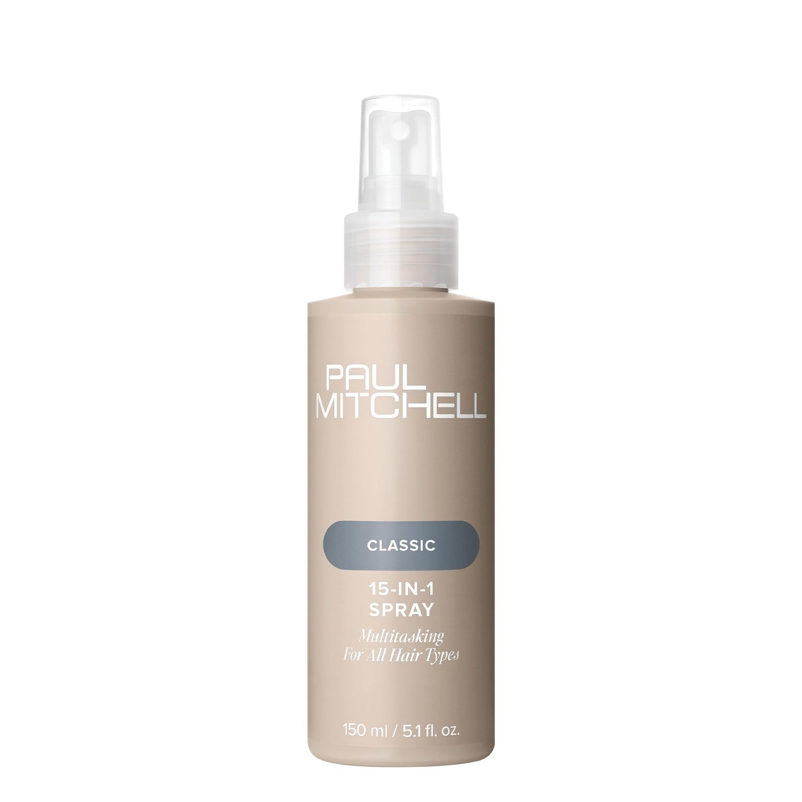 Paul Mitchell 15-in-1 multitasking spray bottle for all hair types, 5.1 fl oz, with spray nozzle and product label visible.