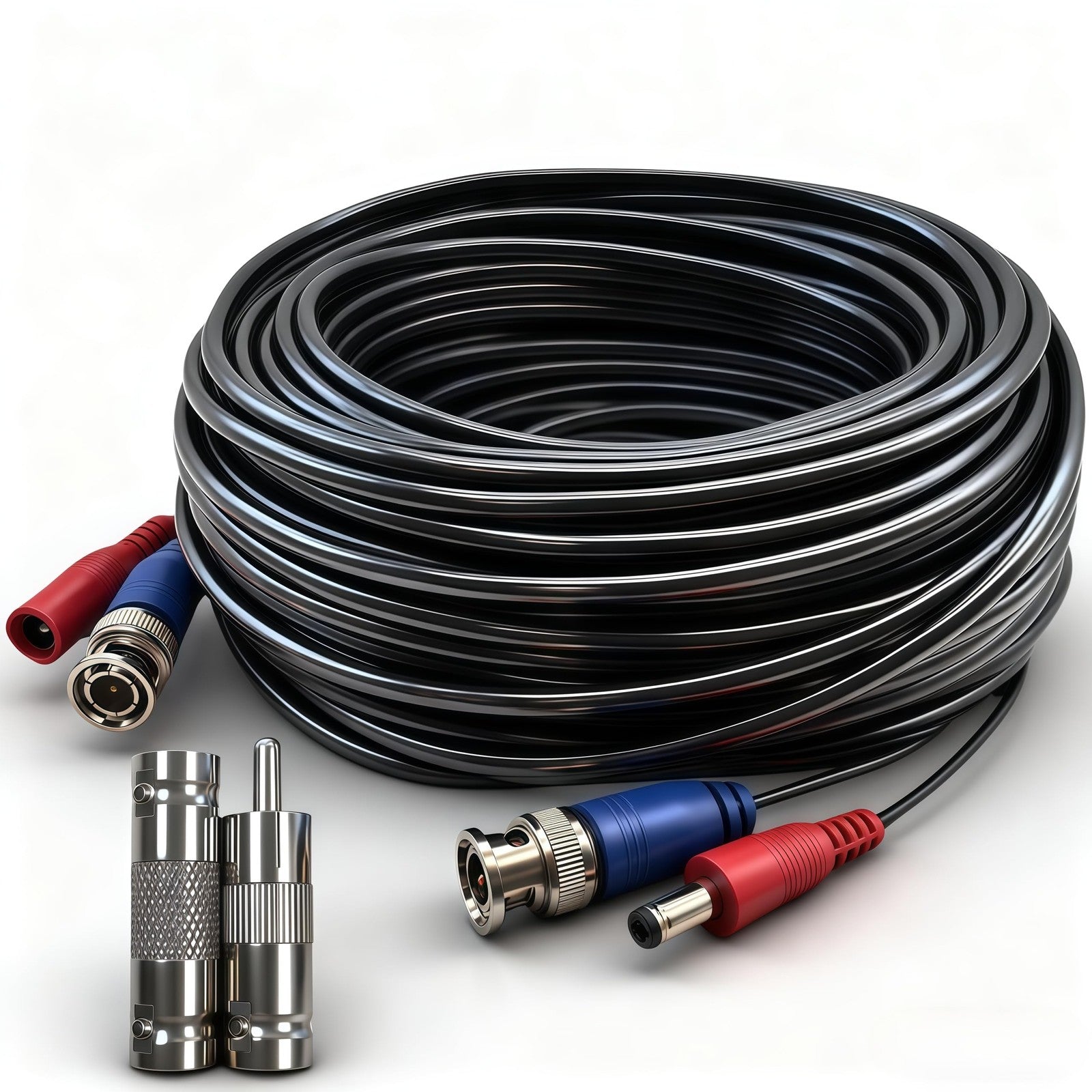 LETONDA BNC 50ft video power extension cable for CCTV security cameras, 4mm thickened BNC connector and cable for reliable connection.