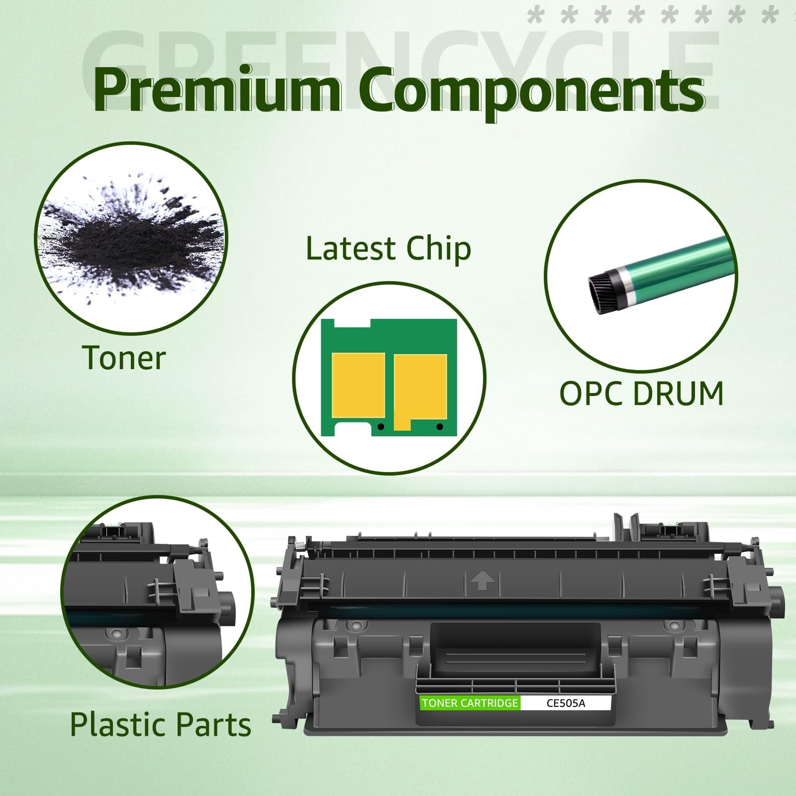 Greencycle HP 05A Ce505A toner cartridge replacement for HP Work printers, showing the black toner cartridge on a plain background.